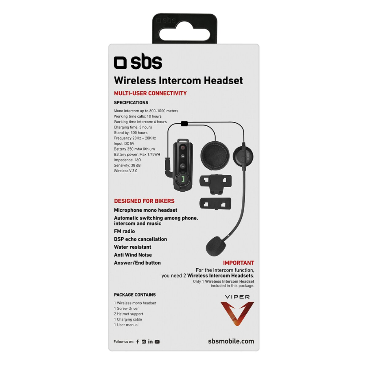 Verpackung eines SBS Wireless Intercom Headsets mit Spezifikationen und Zubehör.