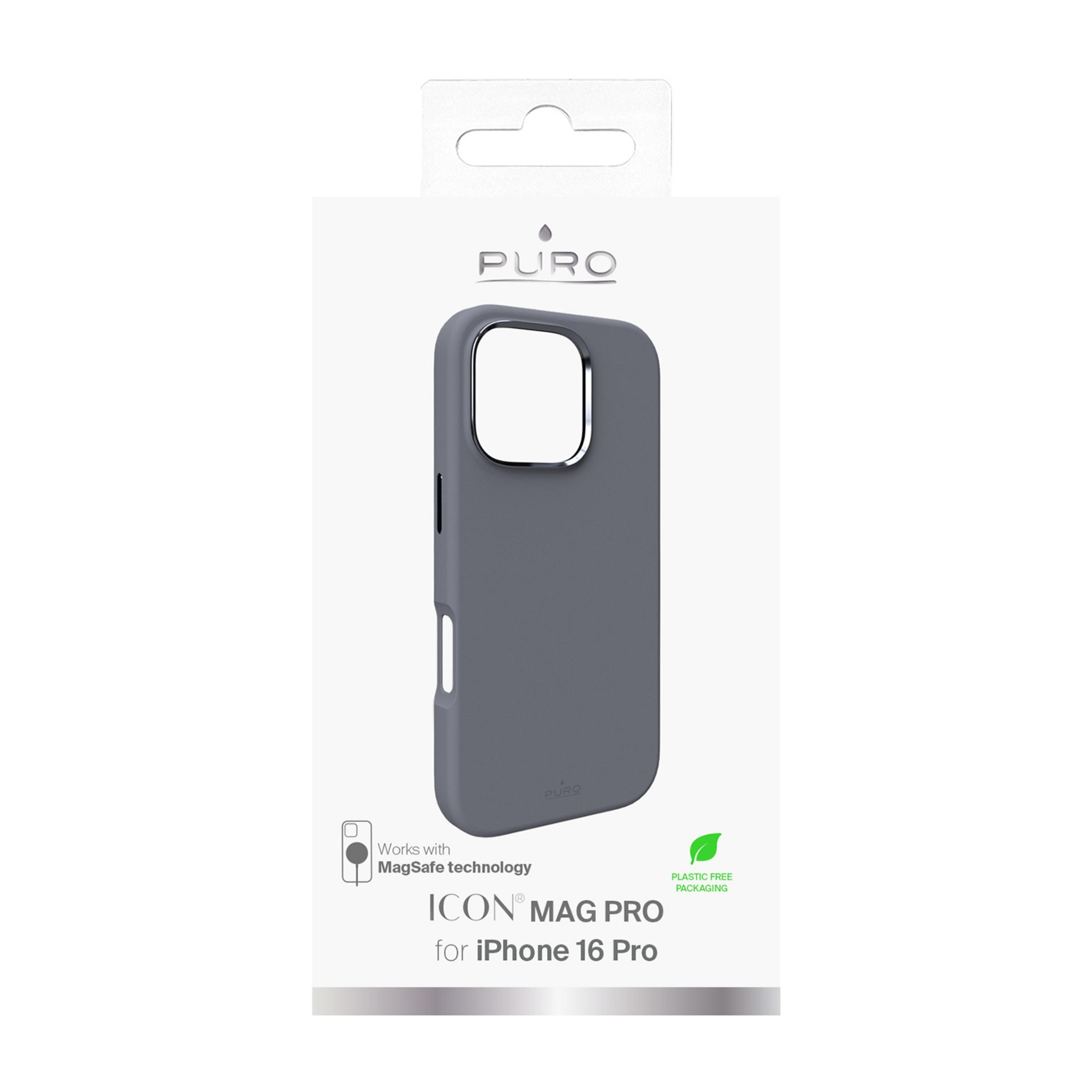 Graue Hülle für iPhone 16 Pro mit MagSafe-Technologie und "Plastic Free Packaging" Aufschrift.