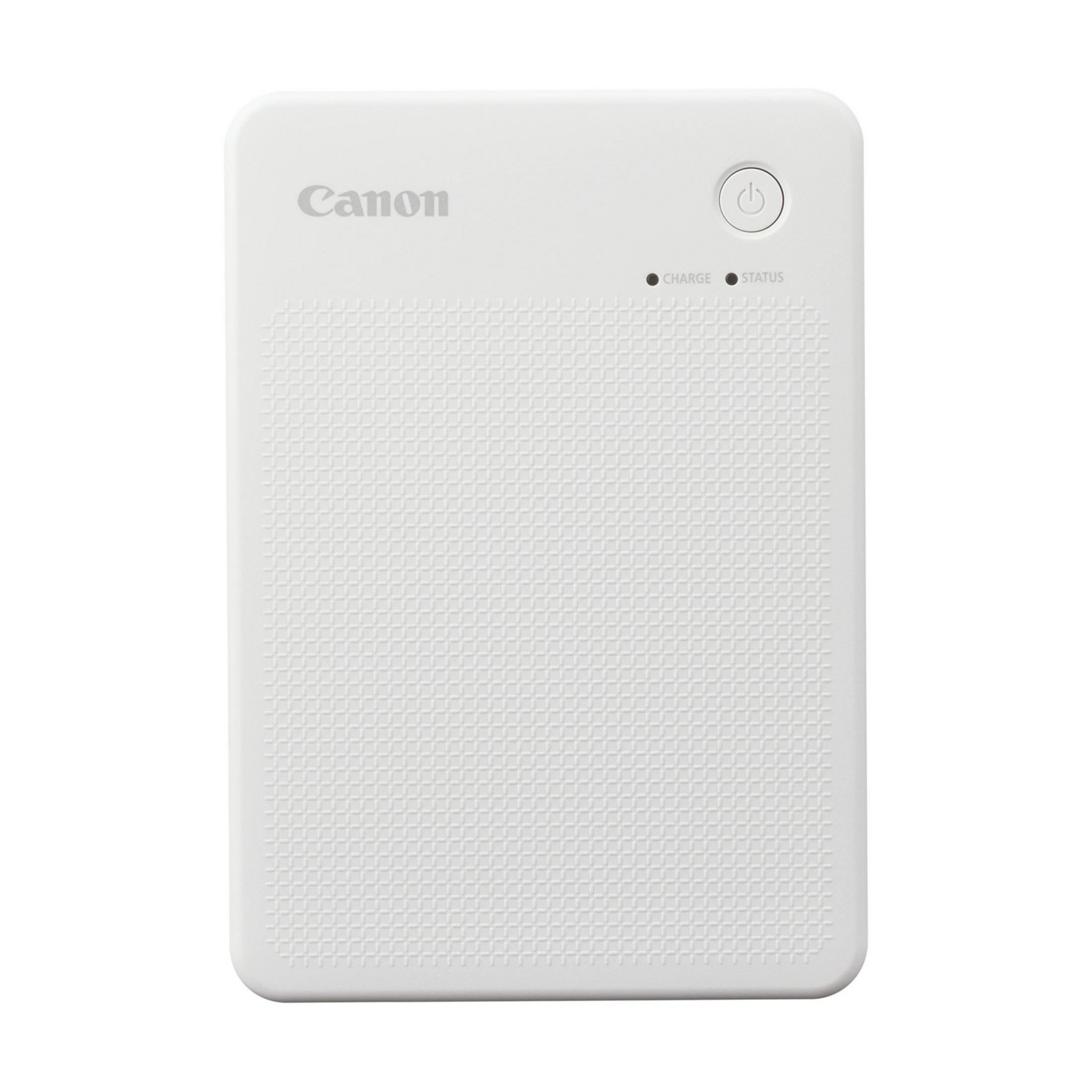 Ein weißes Canon-Ladegerät mit Lade- und Statusanzeigen und einem Netzschalter.