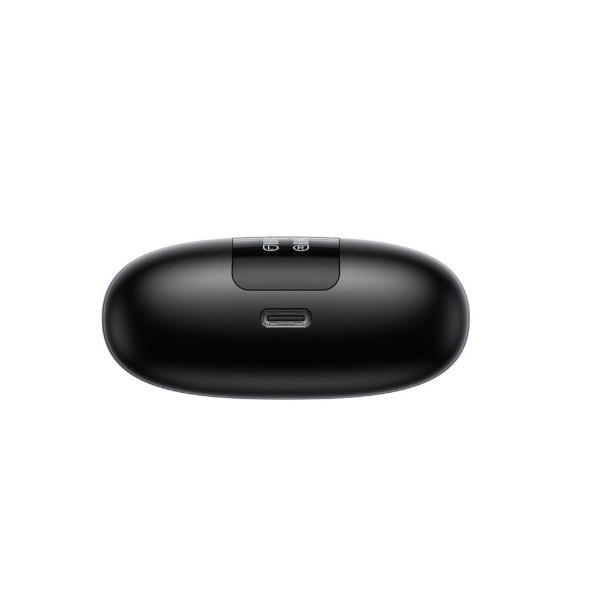 Schwarzes Ladecase für Ohrhörer mit USB-C-Anschluss und L-/R-Markierungen.