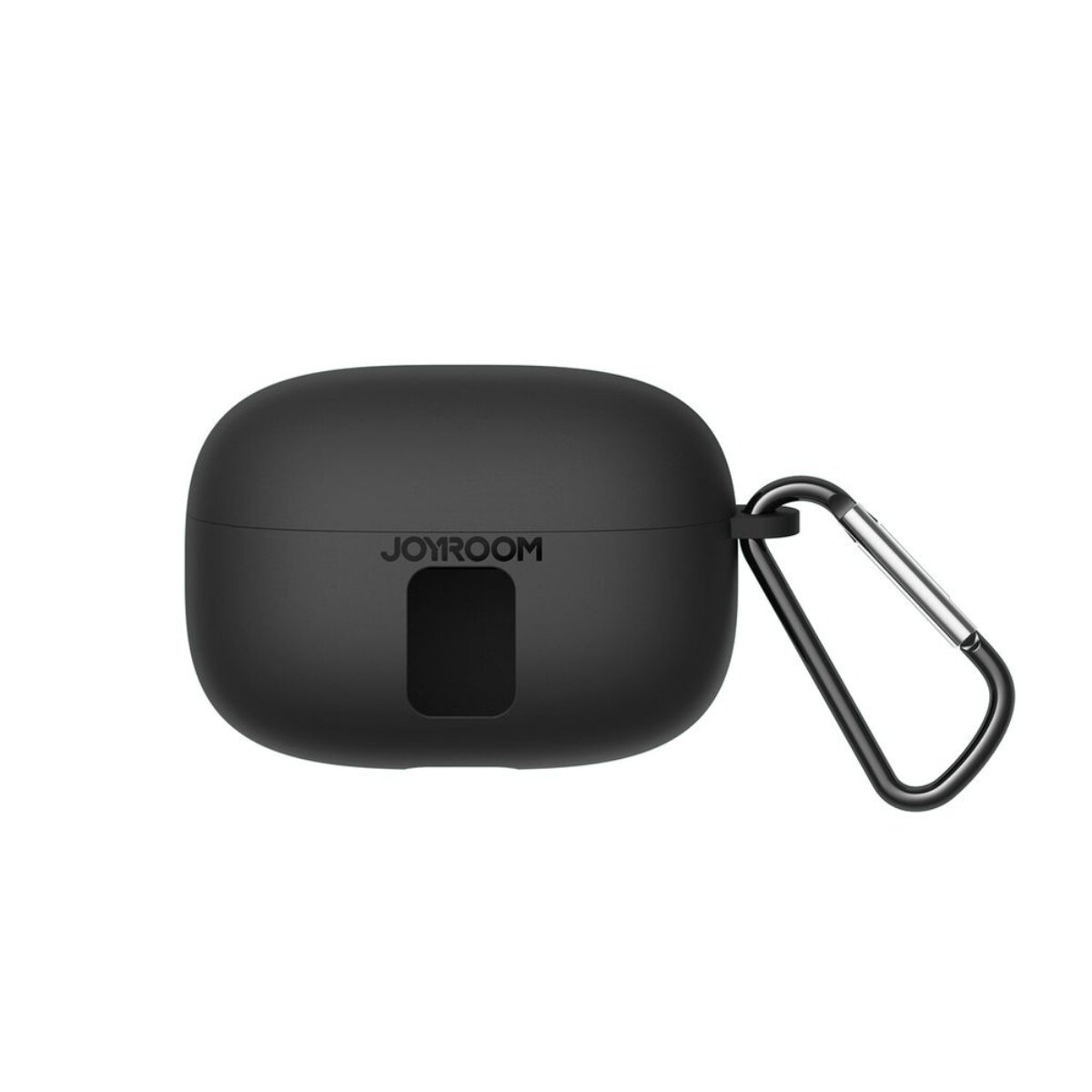 Schwarzes Ladeetui für Kopfhörer mit JOYROOM-Logo und Karabiner.