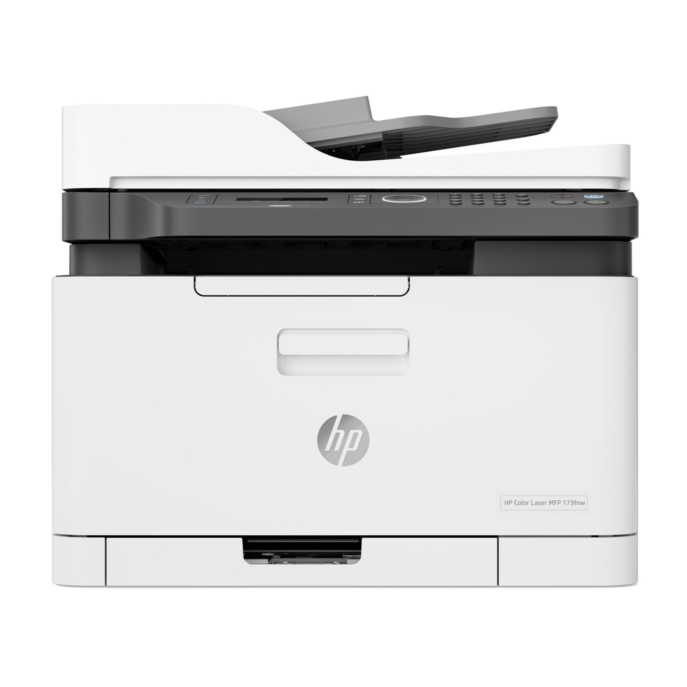 Biała drukarka laserowa HP ze skanerem i kopiarką na białym tle.