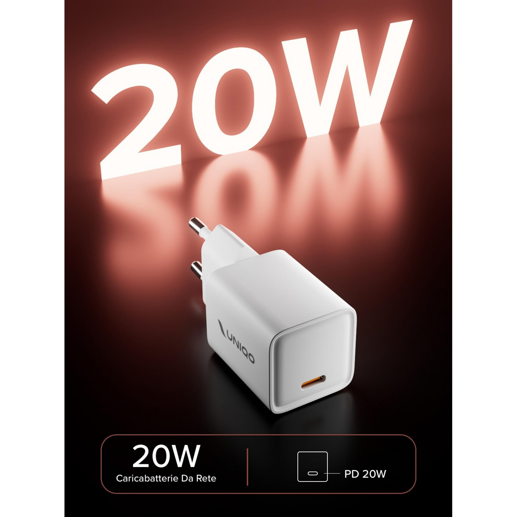 Un alimentatore bianco da 20W con porta USB-C su sfondo scuro.