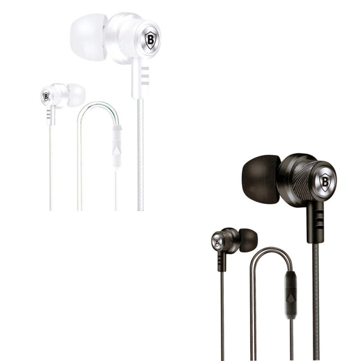 Weiße und schwarze In-Ear-Kopfhörer mit Kabel und Logo.