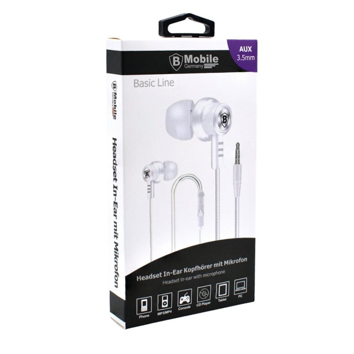 Verpackung für ein weißes B Mobile Headset mit Mikrofon, AUX 3,5mm.