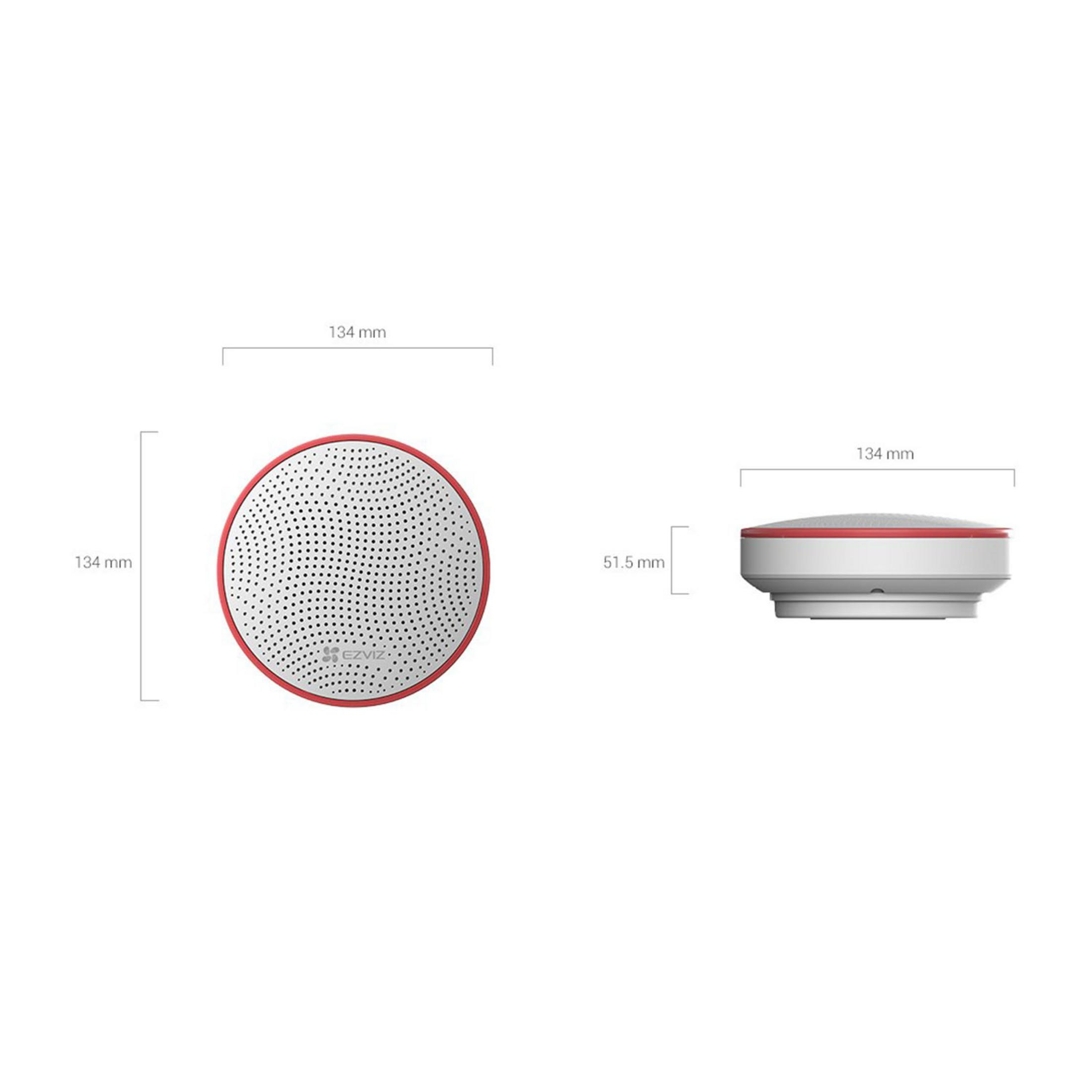 Okrągłe białe urządzenie z czerwonym obramowaniem. Wymiary: 134x134x51.5mm.
