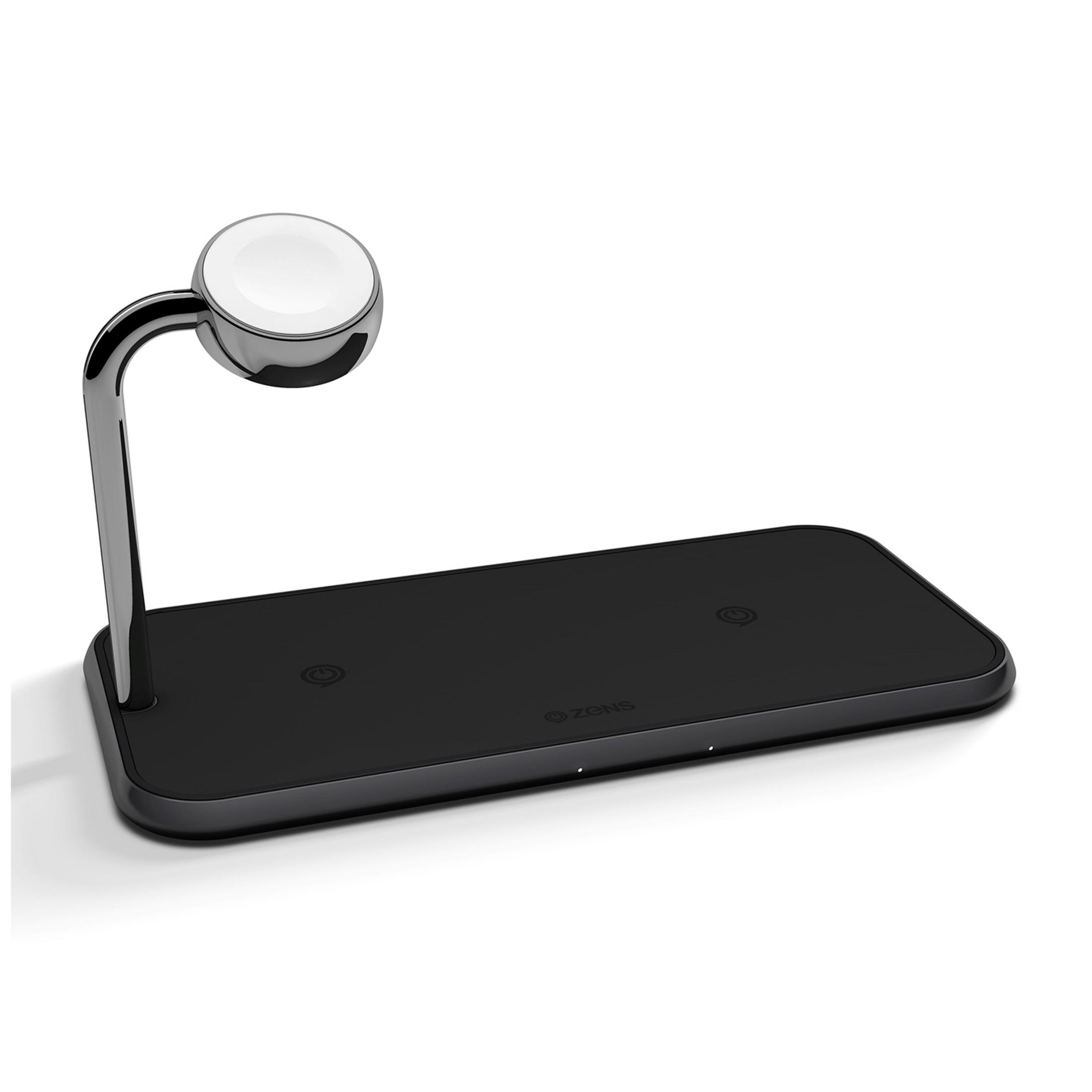 Ein schwarzes Ladegerät mit einem Ständer für eine Smartwatch und Ladeflächen.