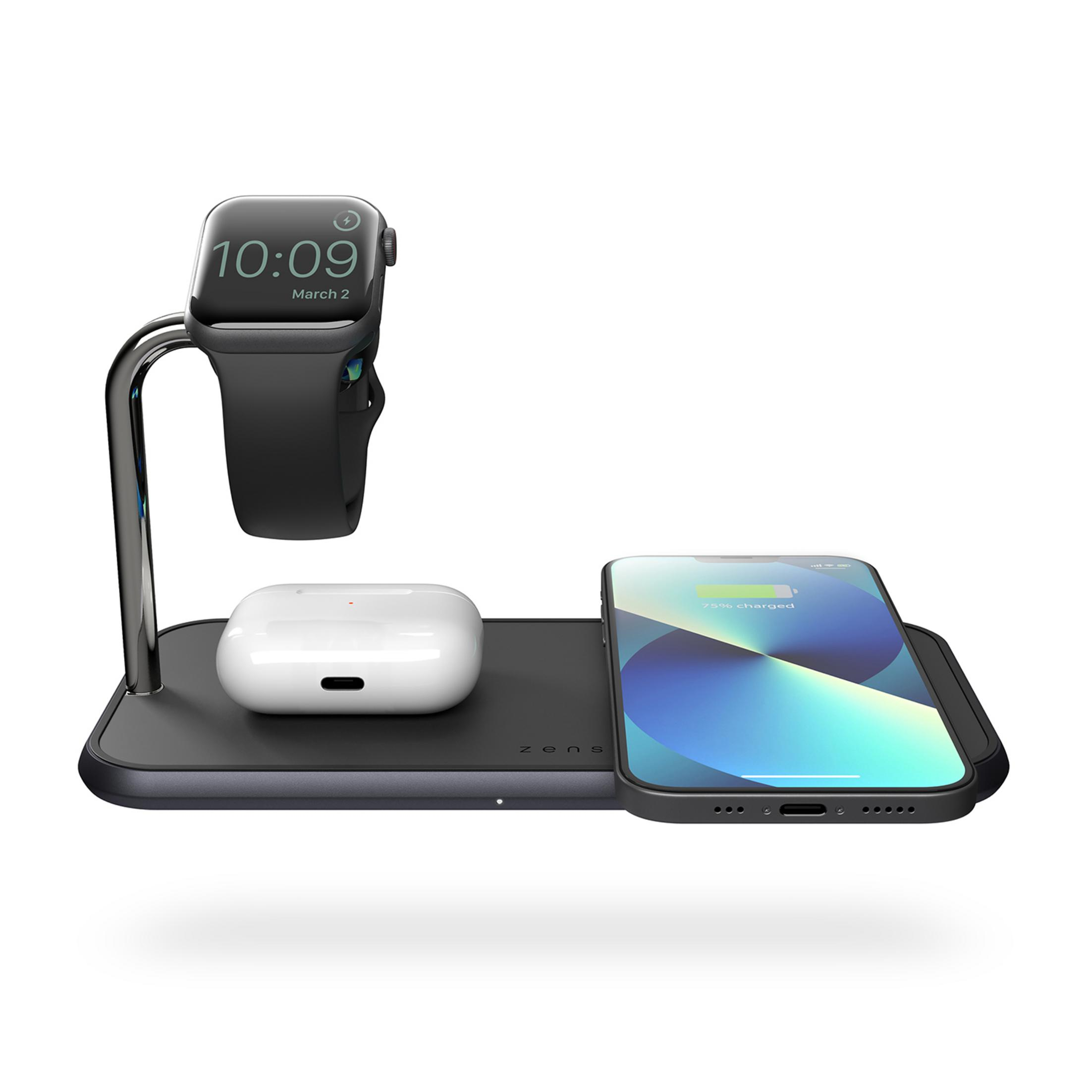 Eine Ladeeinheit mit iPhone, AirPods und Apple Watch.