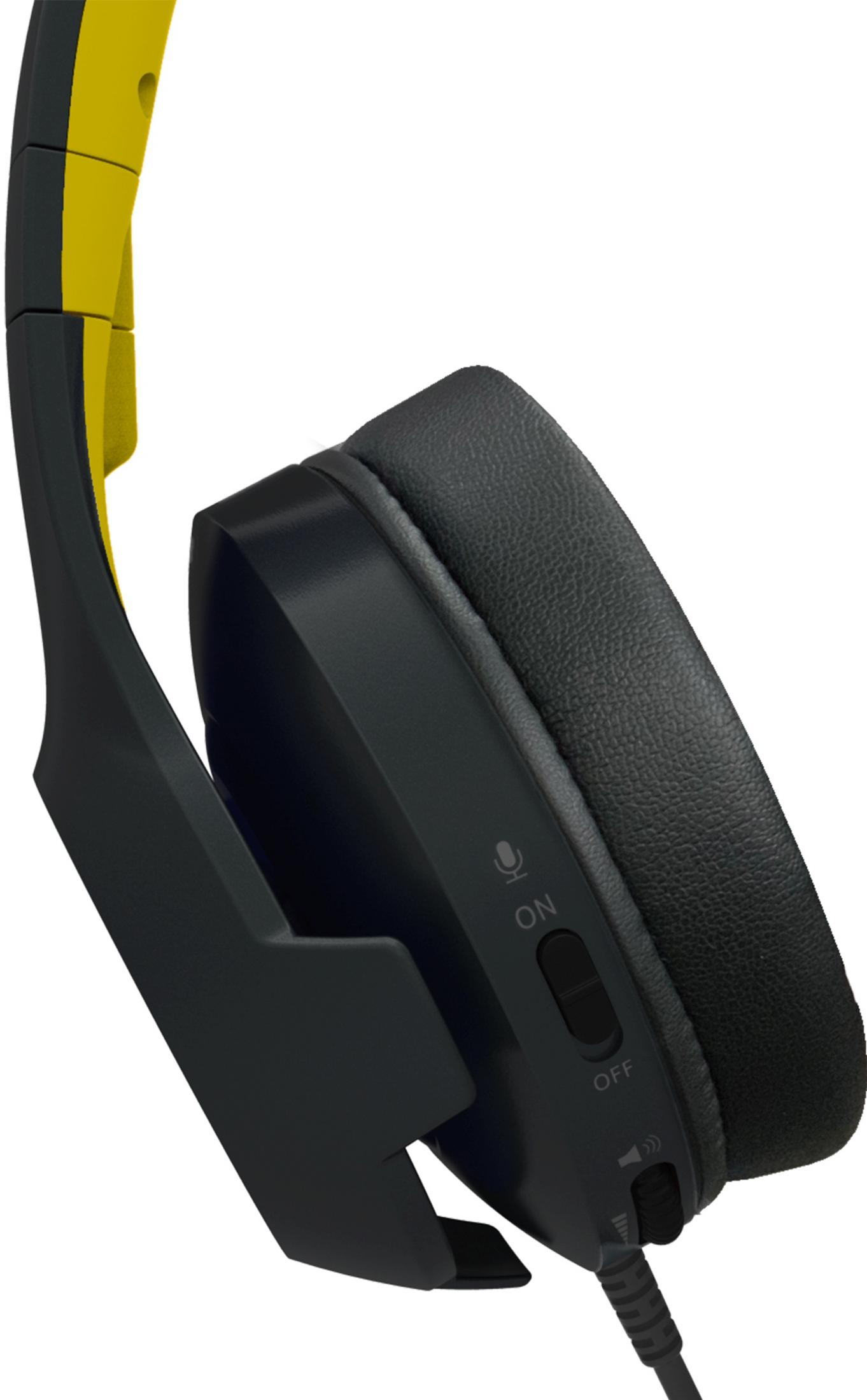 Auriculares negros con detalles amarillos, control de volumen e interruptor de micrófono.