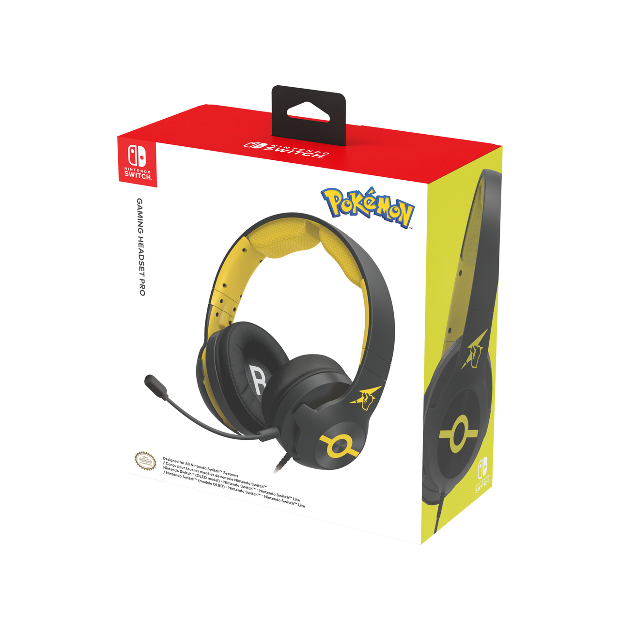 Auriculares Pro Gaming Nintendo Switch con diseño Pokémon en negro y amarillo.