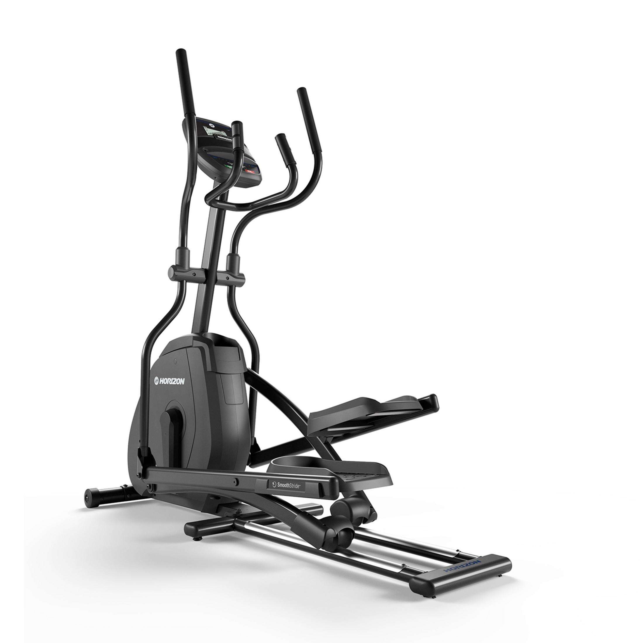 Máquina elíptica de fitness negra con manillar y pedales sobre fondo blanco.