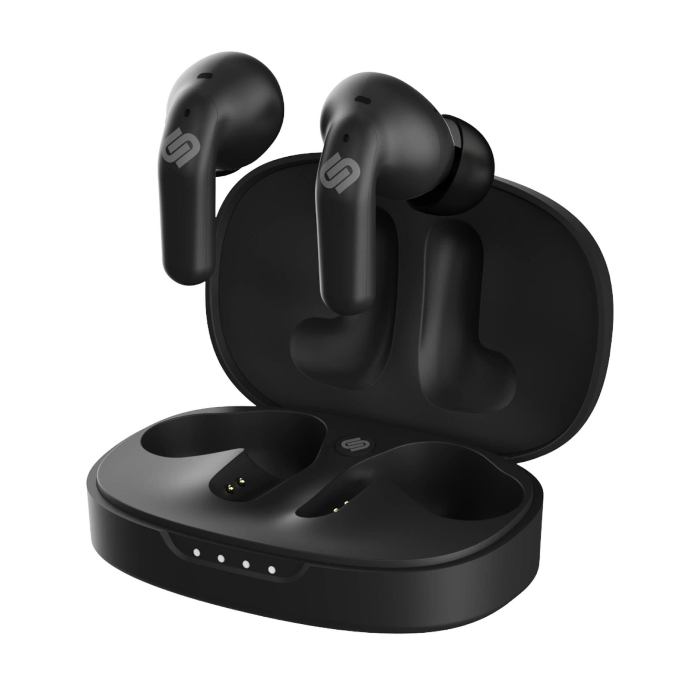 Czarne słuchawki bezprzewodowe z etui ładującym i logo.