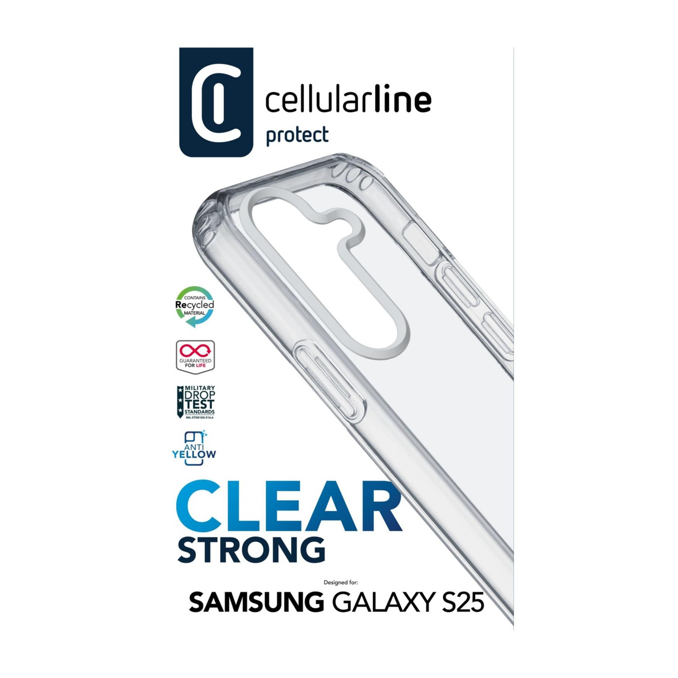 Coque transparente pour Samsung Galaxy S25 avec logos recyclé et norme militaire.