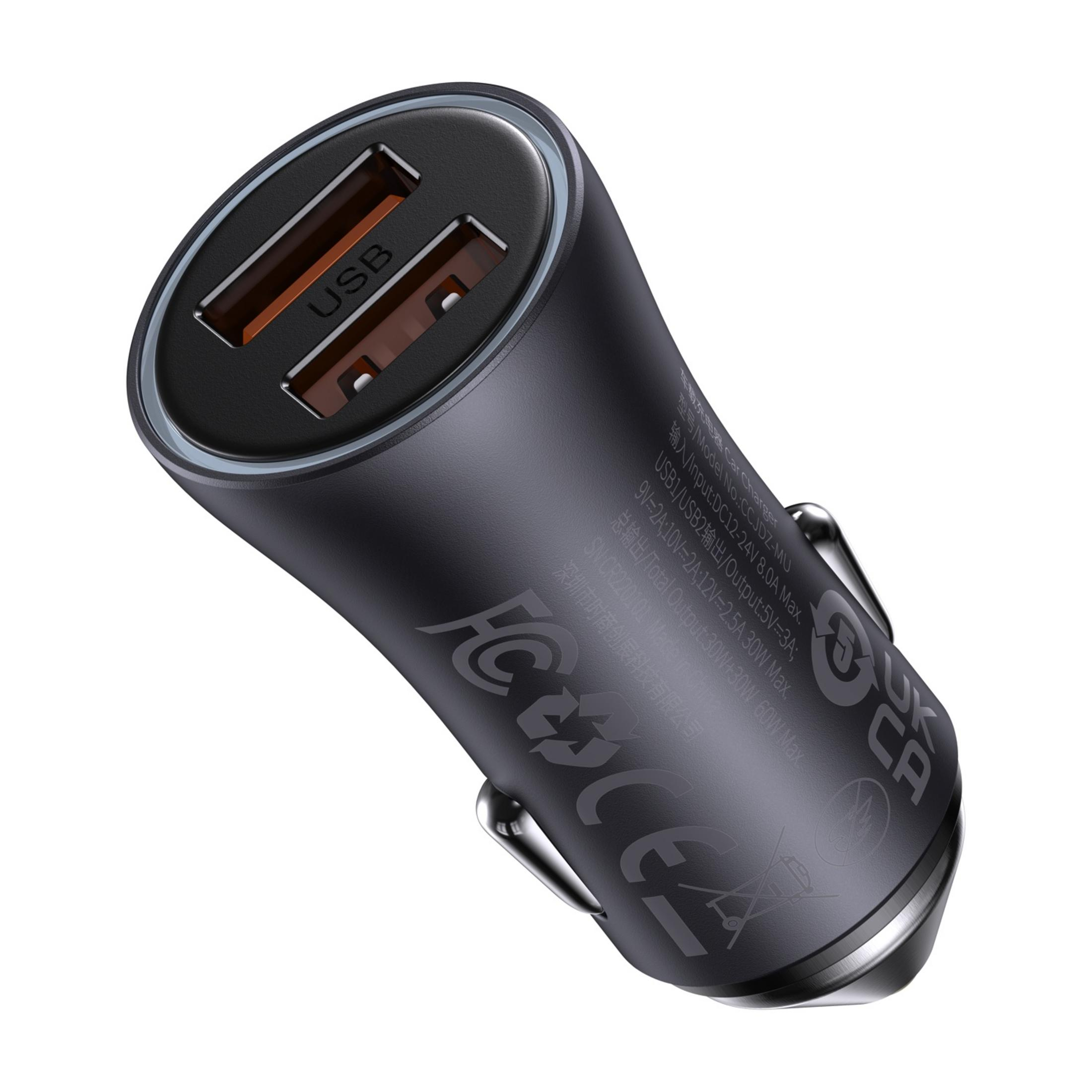 Caricatore auto USB doppio nero con accenti argentati e loghi di certificazione.