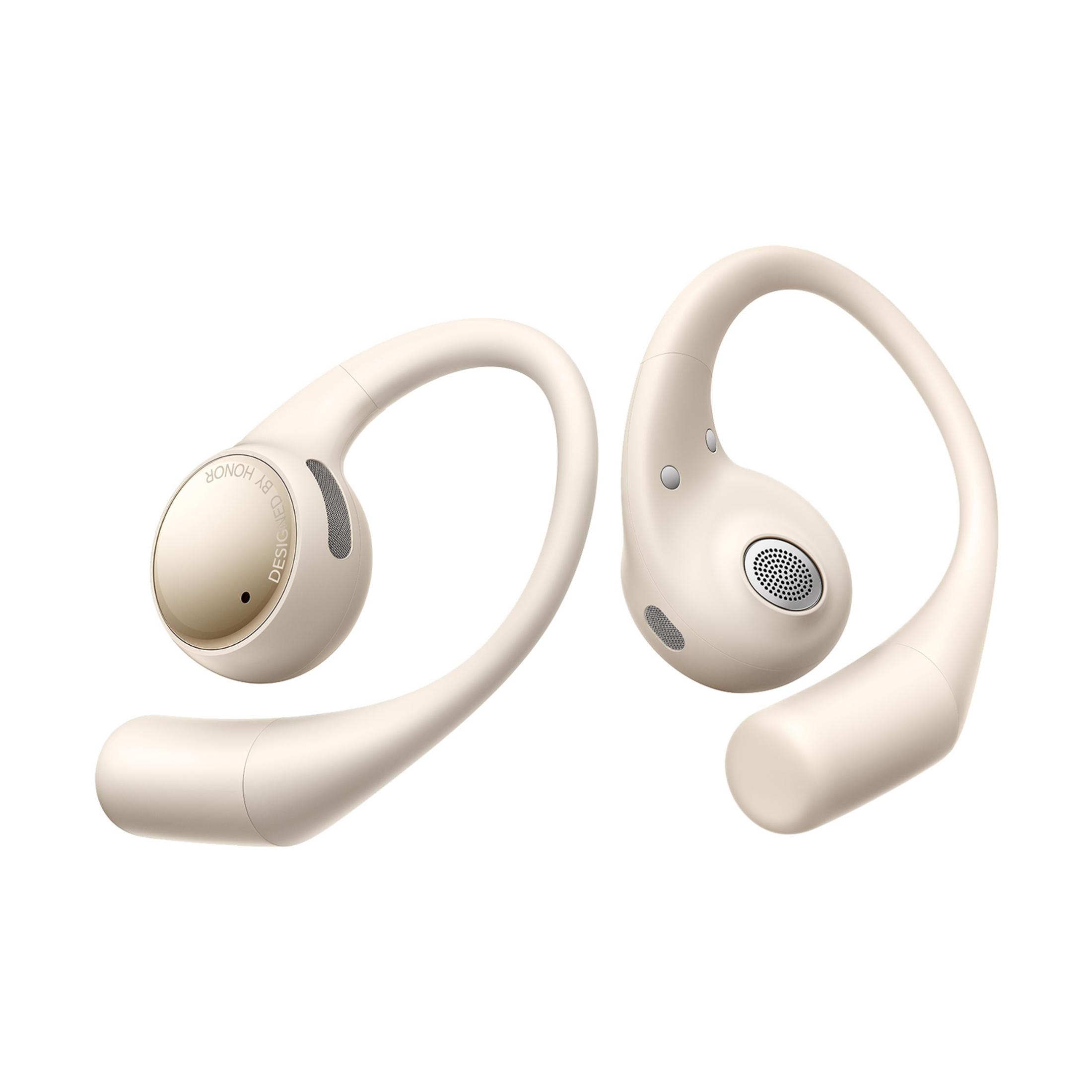 Due auricolari wireless color crema con ganci per l'orecchio, su sfondo bianco.