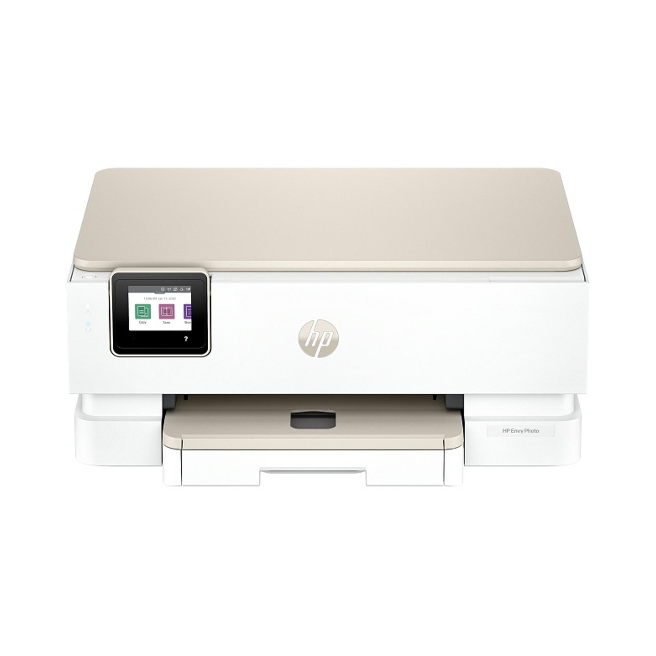Ein weißer HP Drucker mit einem Touchscreen-Display und einem beigefarbenen Deckel.