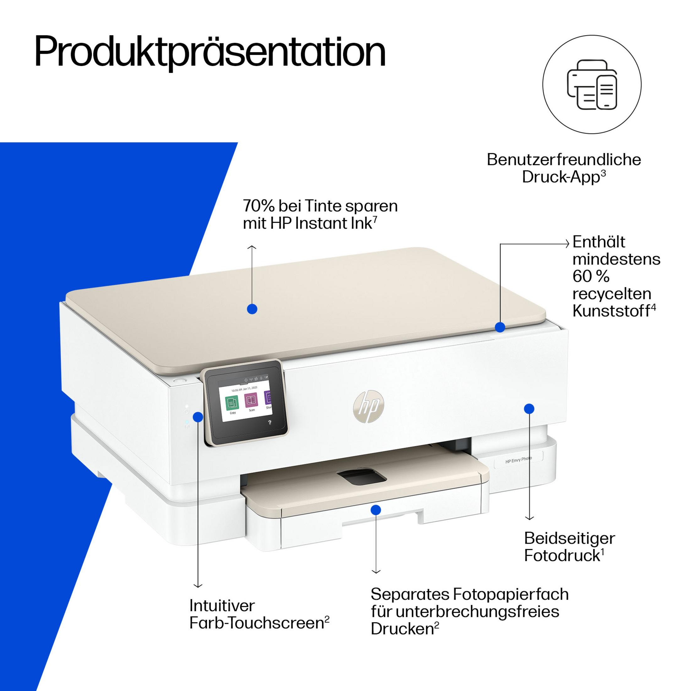 Weiße HP Drucker mit Touchscreen, separatem Fotofach und Informationen.