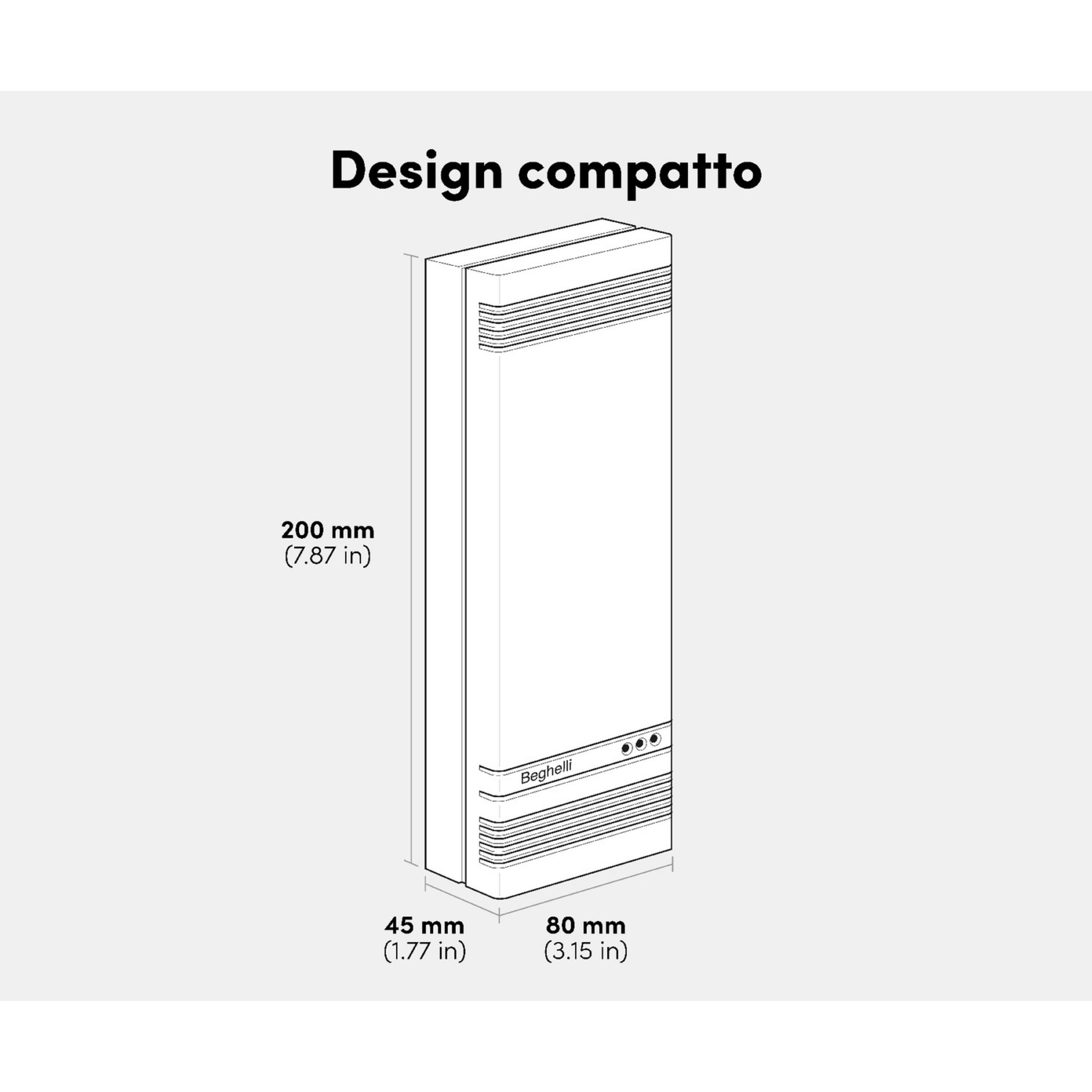 Un dispositivo rettangolare bianco con prese d'aria e dimensioni.