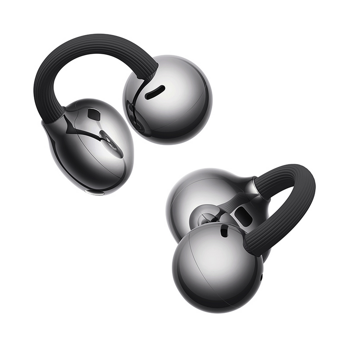 Deux écouteurs sphériques brillants avec crochets d'oreille noirs sur fond blanc.