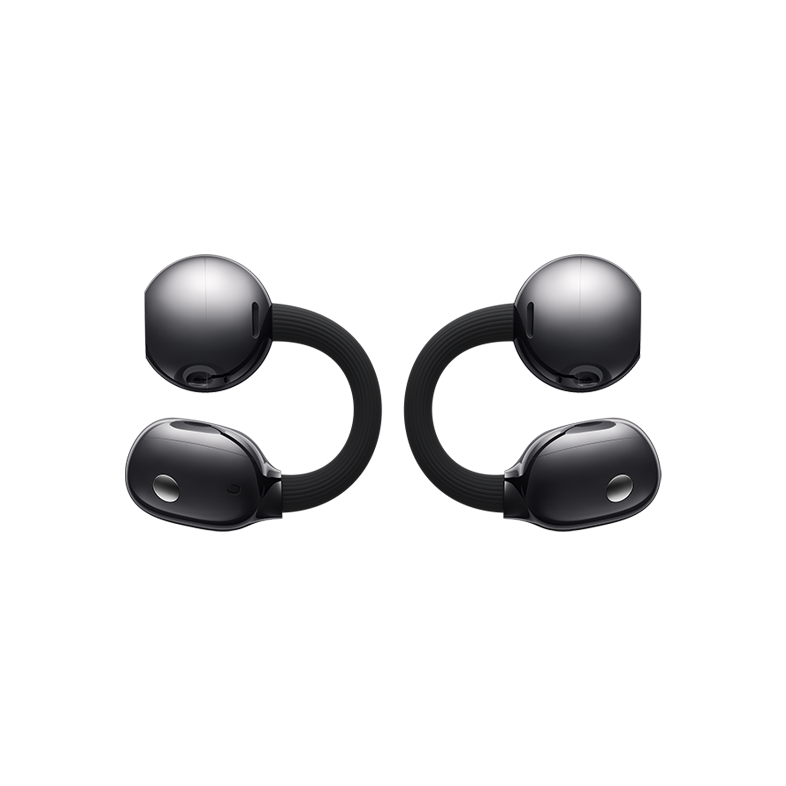 Deux écouteurs noirs brillants reliés par une bande flexible. Ils sont disposés symétriquement.