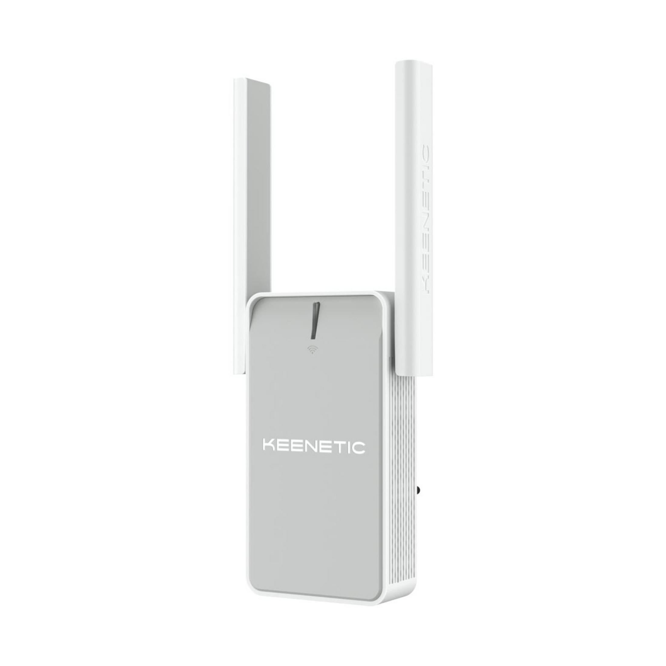 Een grijze Keenetic WiFi-router met twee antennes en een oplaadpoort.