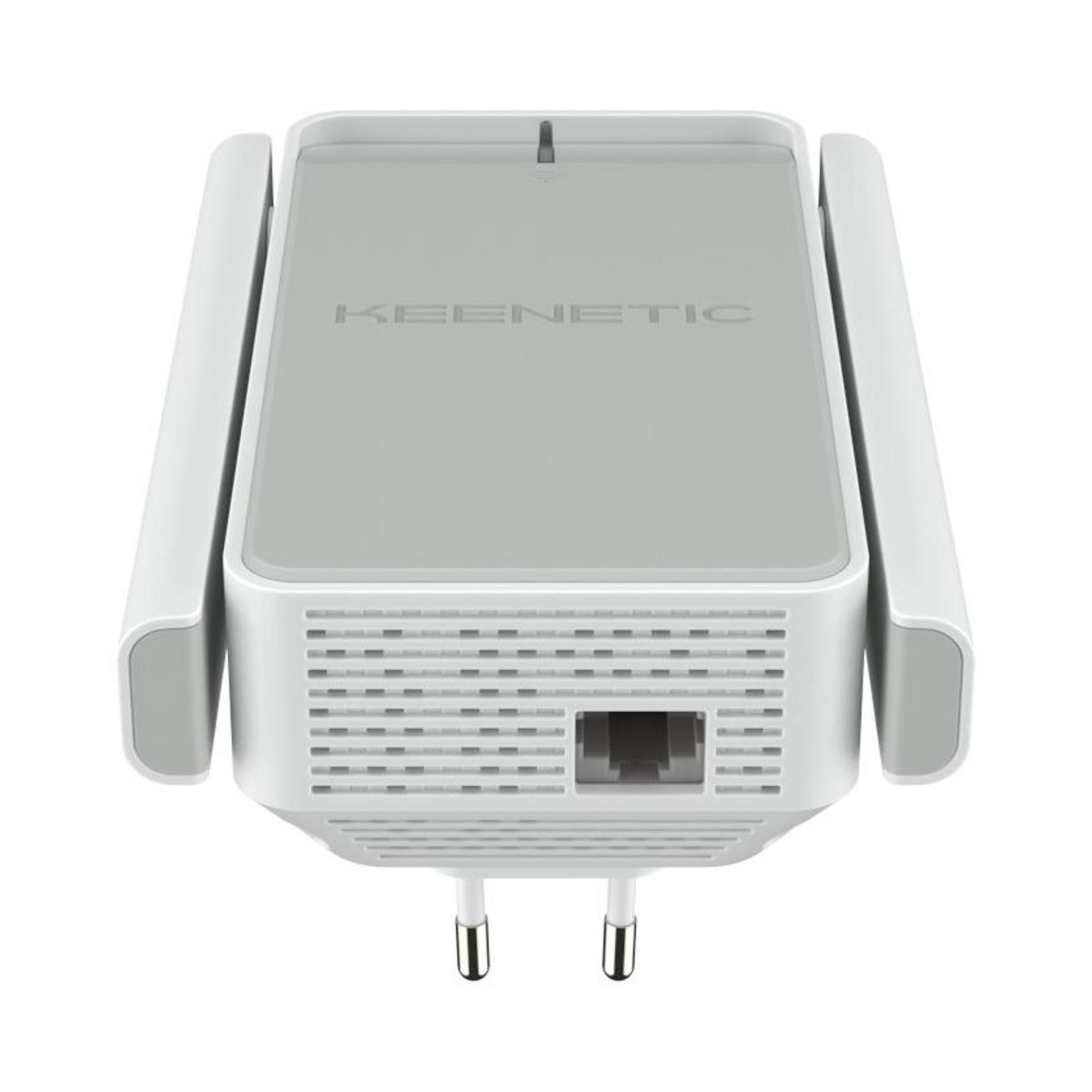 Een witte Keenetic Wi-Fi-extender met grijze accenten en een Ethernetpoort.