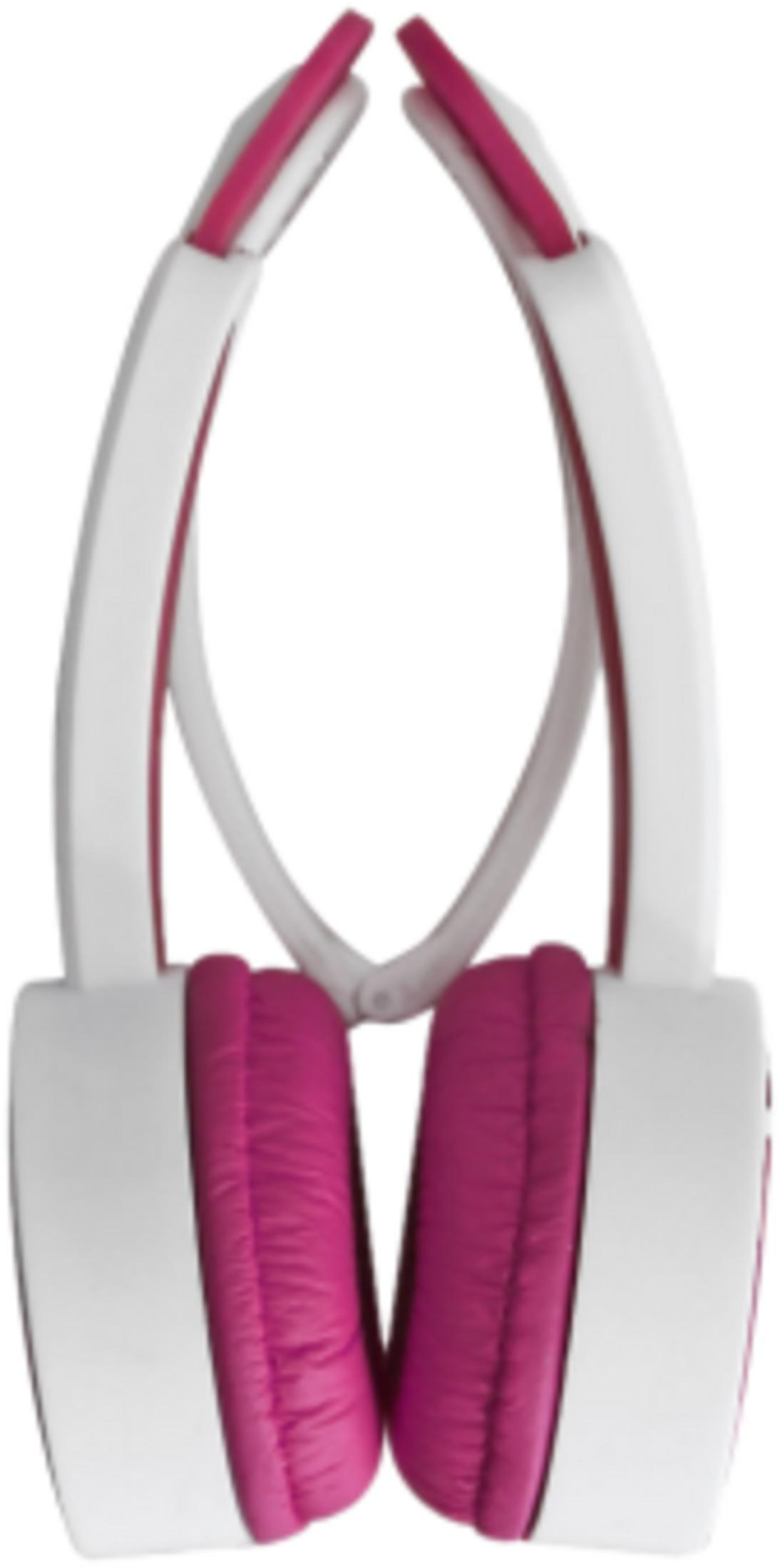 Cuffie bianche con paraorecchie e accenti rosa, su sfondo bianco.
