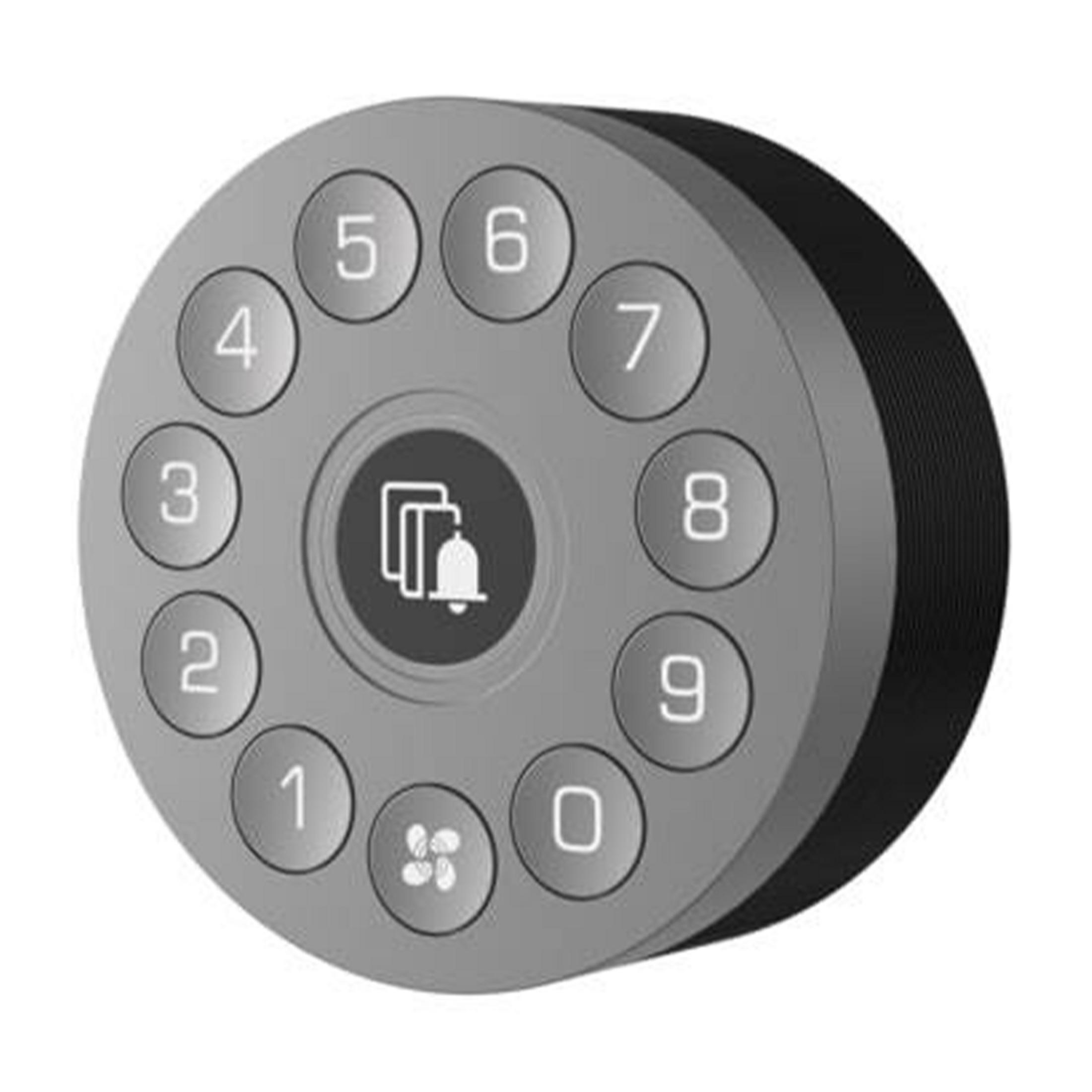 Panel gris con teclado numérico e iconos de campana/ventilador.