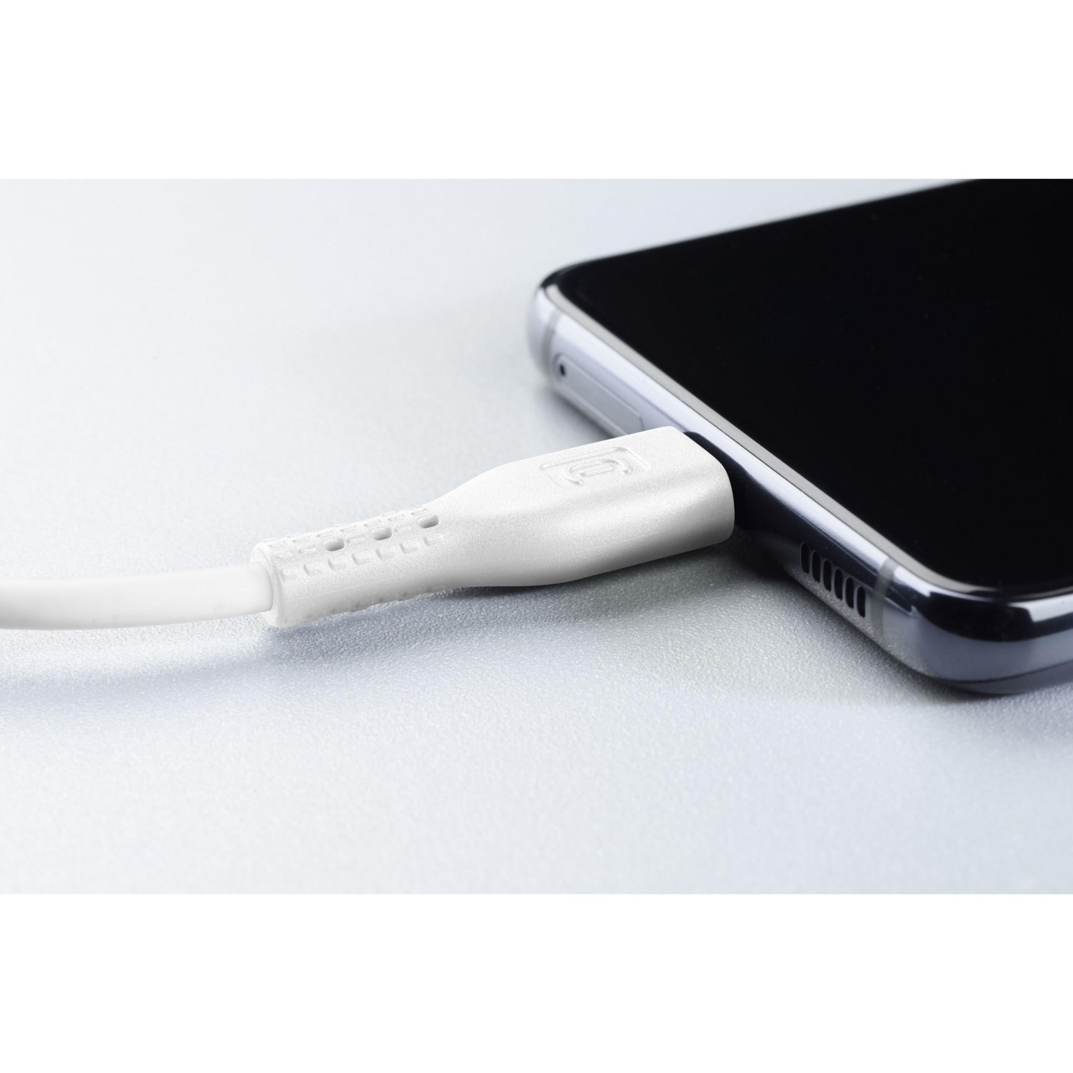 A white charging cable is plugged into a smartphone.