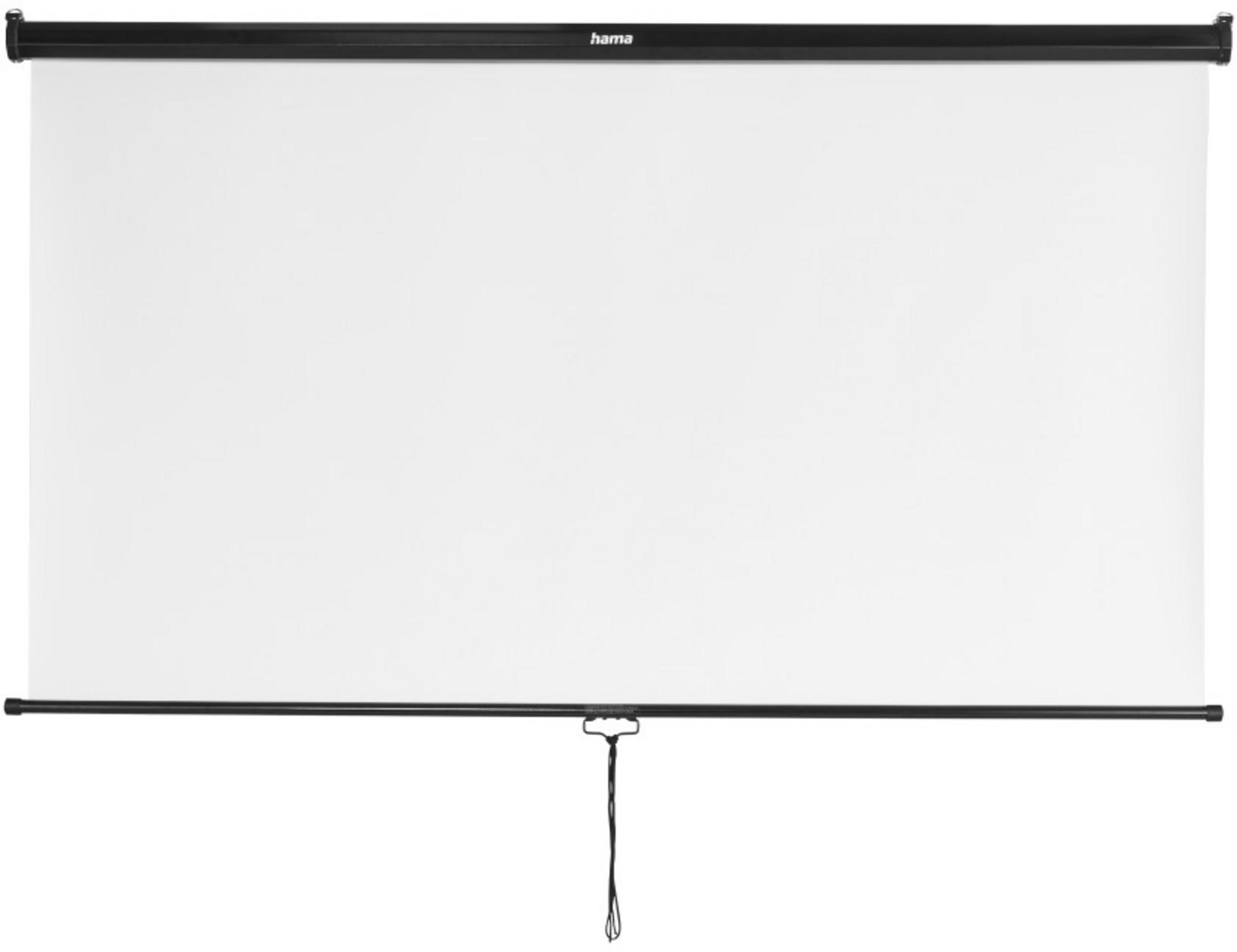 Eine weiße Projektionsleinwand mit schwarzem Rahmen und Schnur.