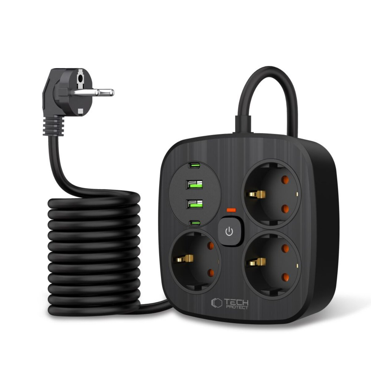 Schwarzer Mehrfachstecker mit 4 Steckdosen, 3 USB-Anschlüssen und Netzschalter.