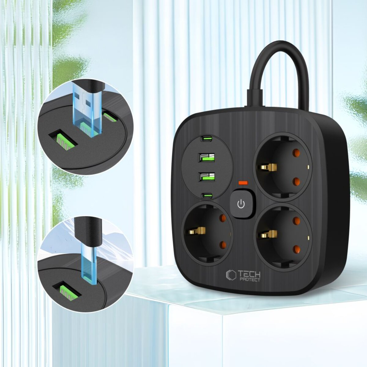 Schwarzer Mehrfachstecker mit 4 Steckdosen, 3 USB-Anschlüssen und Ein-/Ausschalter.