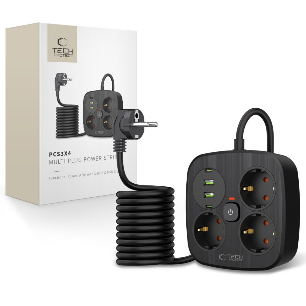 Schwarzer Mehrfachstecker mit 4 Steckdosen und 3 USB-Ports, mit Netzschalter.