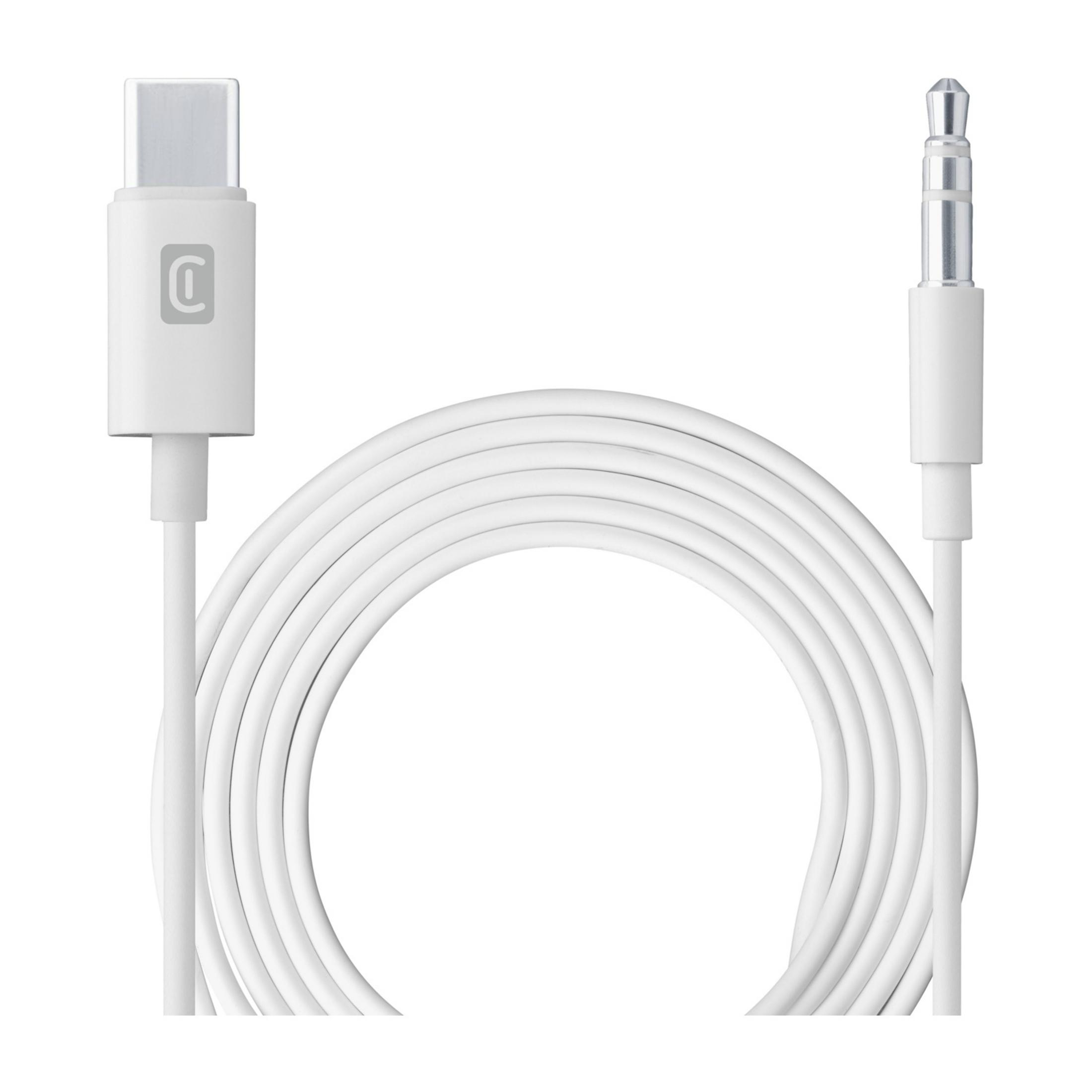 Cable de audio blanco USB-C a 3,5 mm con conector y cordón plateados.