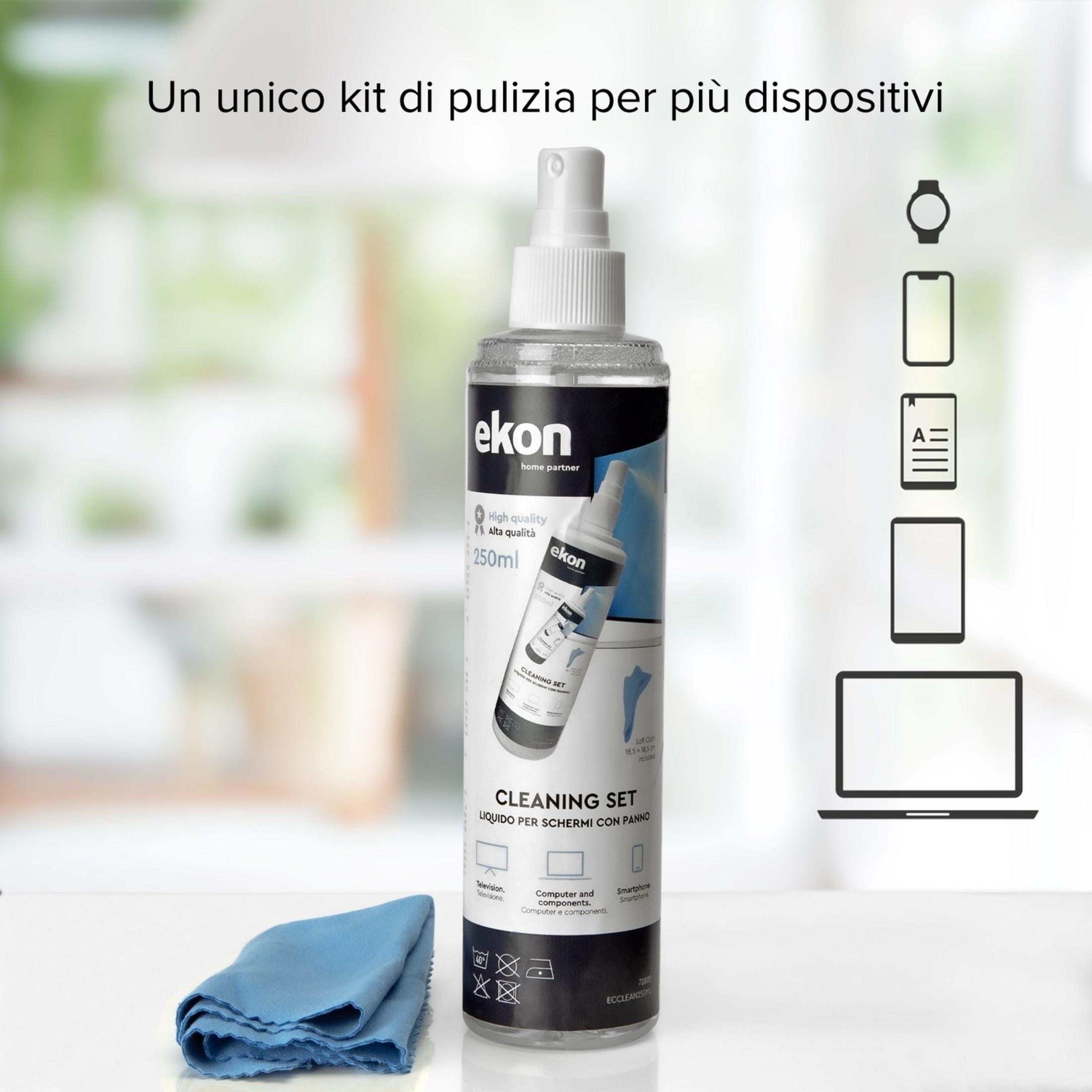 Una botella de spray con un paño azul para limpiar pantallas de dispositivos.