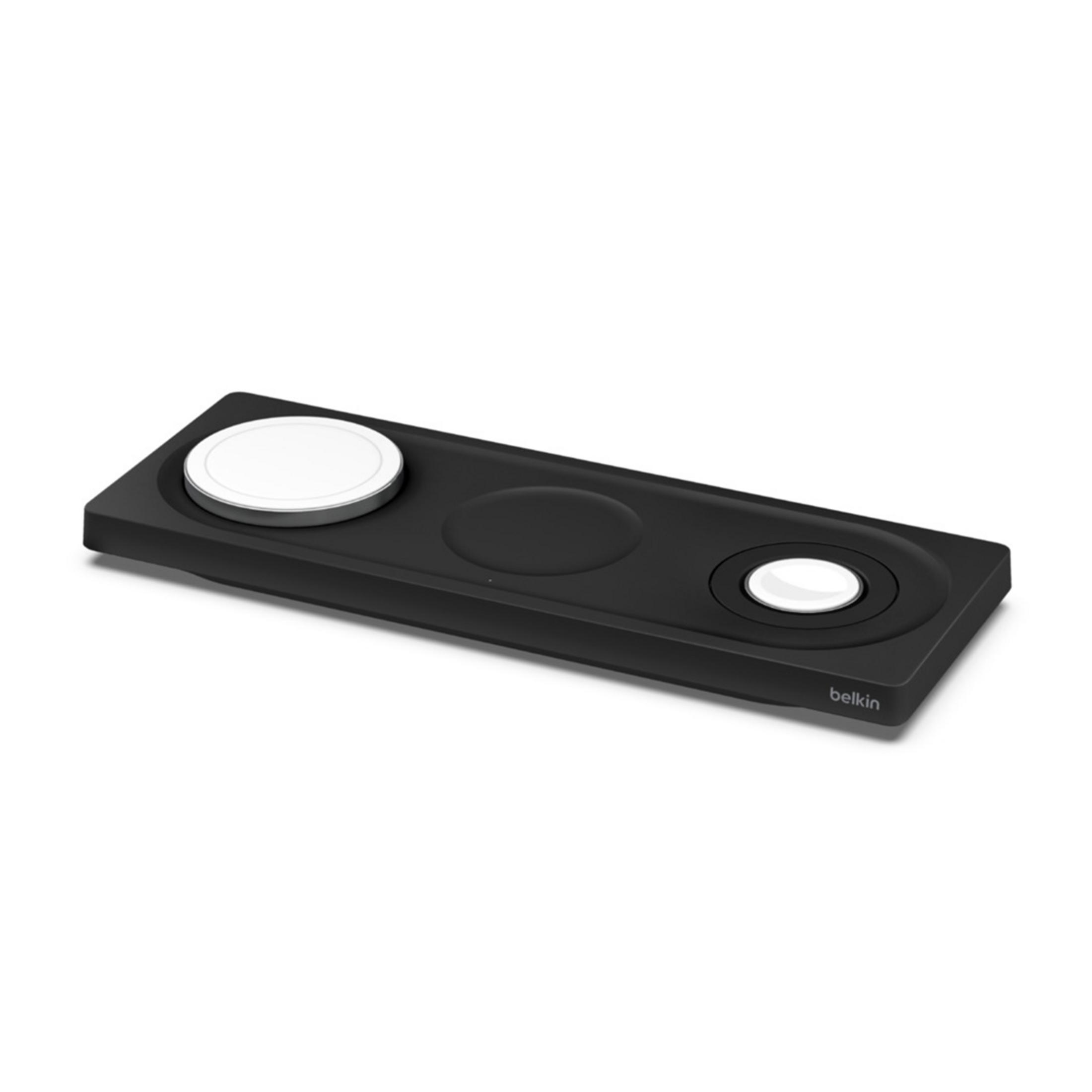 Schwarzes Ladegerät für Uhren und Telefone mit zwei weißen Ladeflächen.
