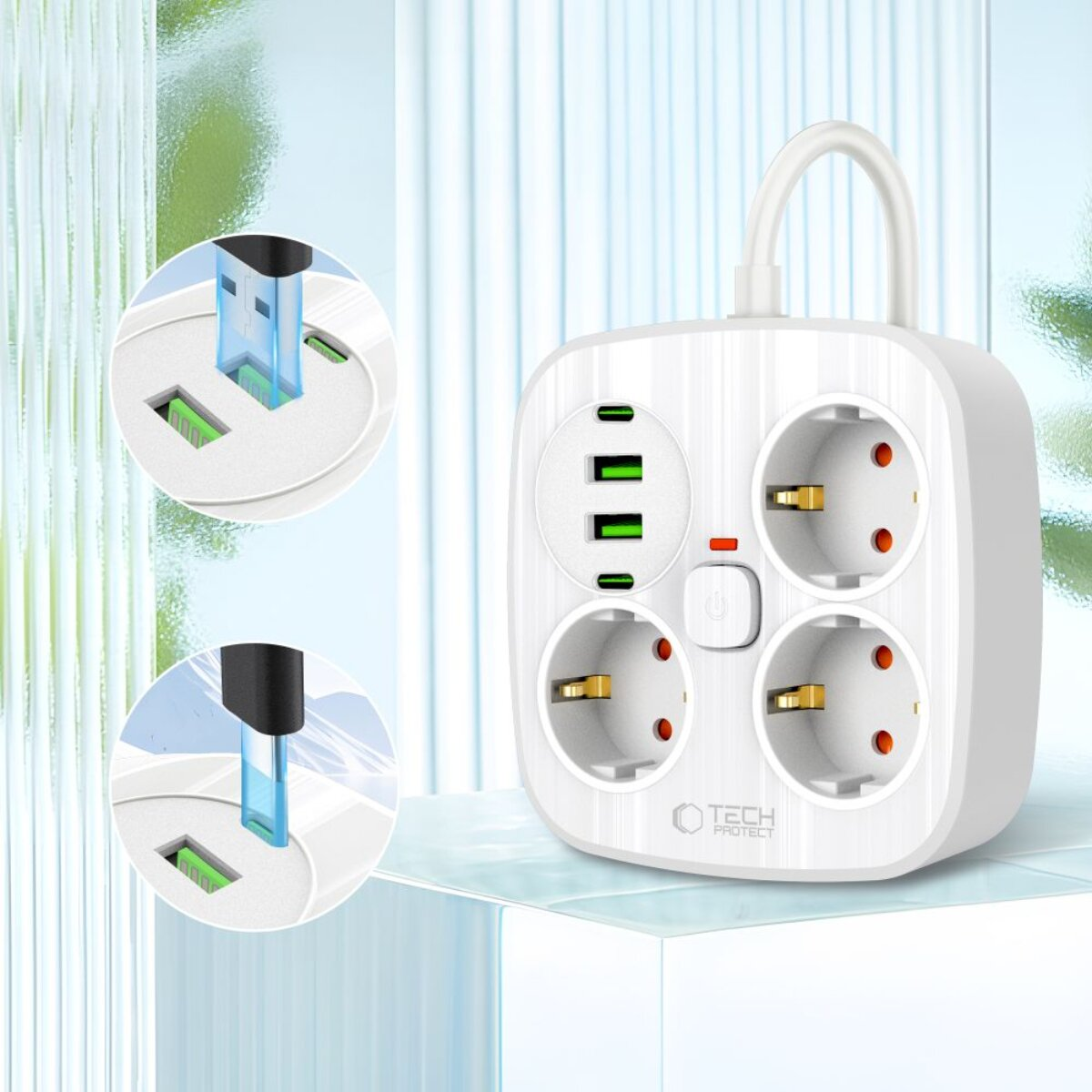 Ein weißer Mehrfachstecker mit USB-Anschlüssen und Steckdosen.
