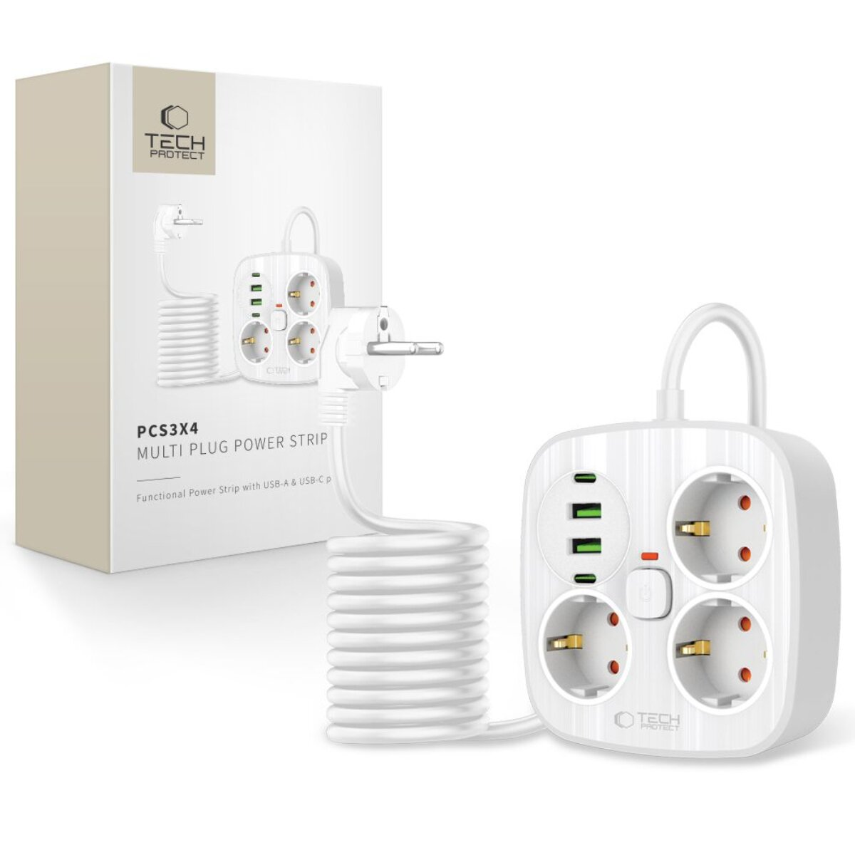 Weies Mehrfachsteckdosenleiste mit 4 Steckdosen und 3 USB-Anschlssen.