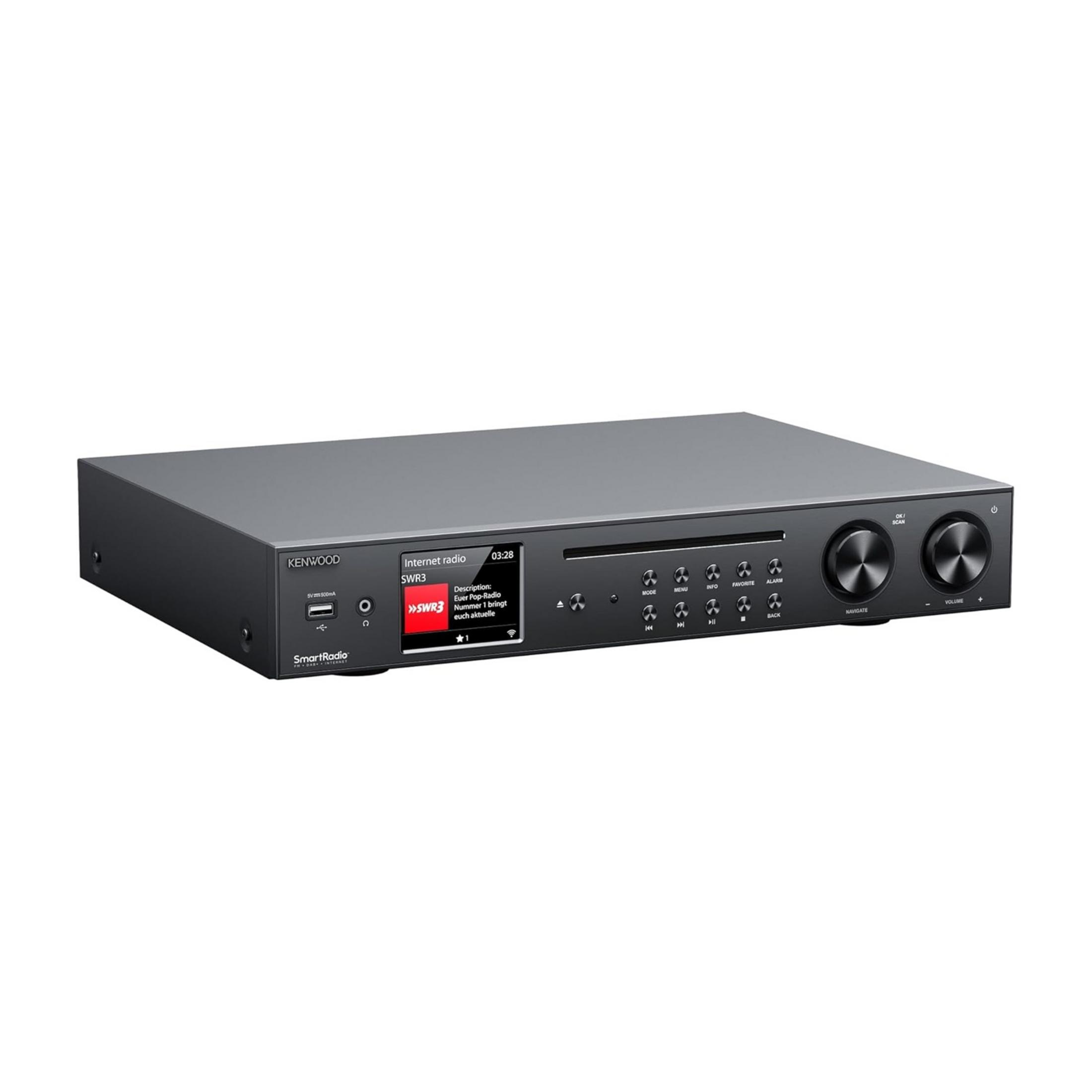 Een zwarte Kenwood SmartRadio met zilveren knoppen en een display.