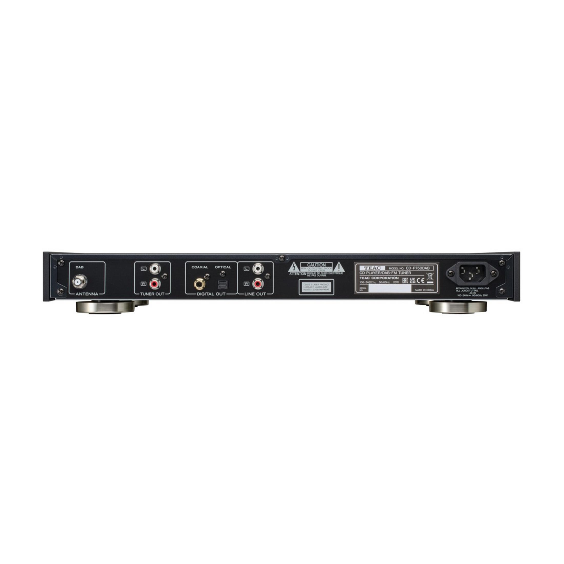 Parte trasera de un reproductor de CD TEAC con conexiones de antena, sintonizador y salidas digitales/lineales.