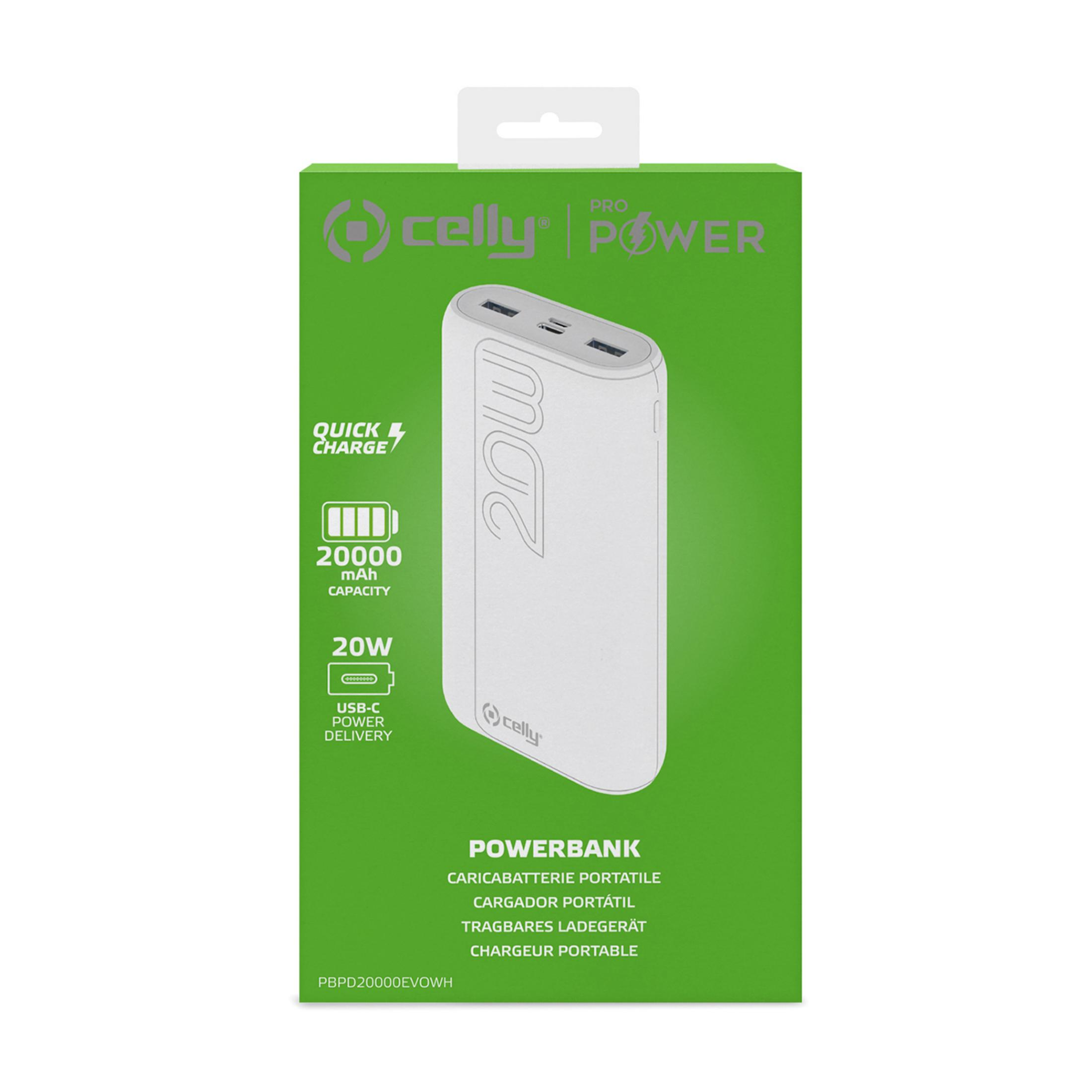 Batería externa blanca de 20000mAh en caja de cartón verde.