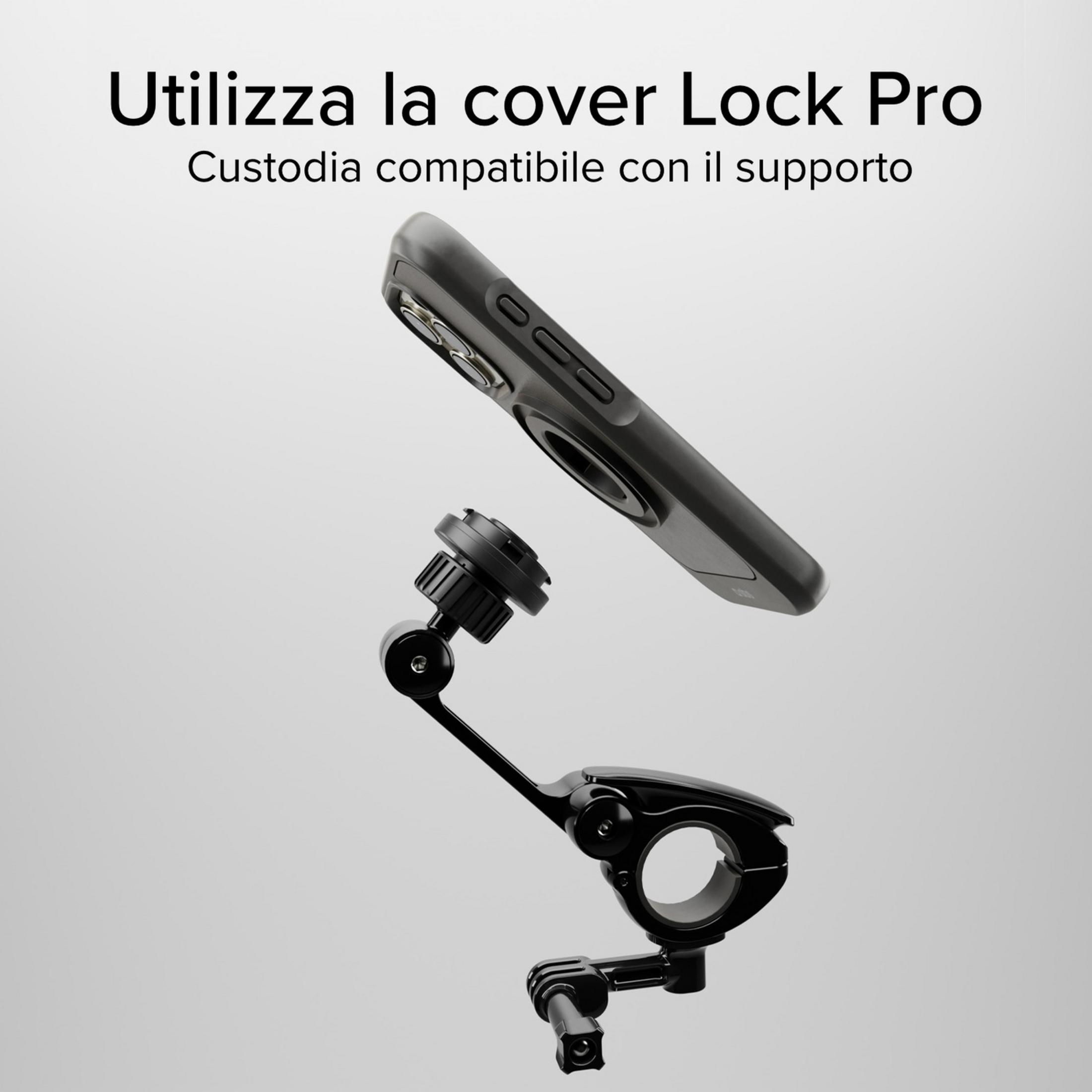 Funda negra para teléfono y soporte para bicicleta sobre fondo gris.