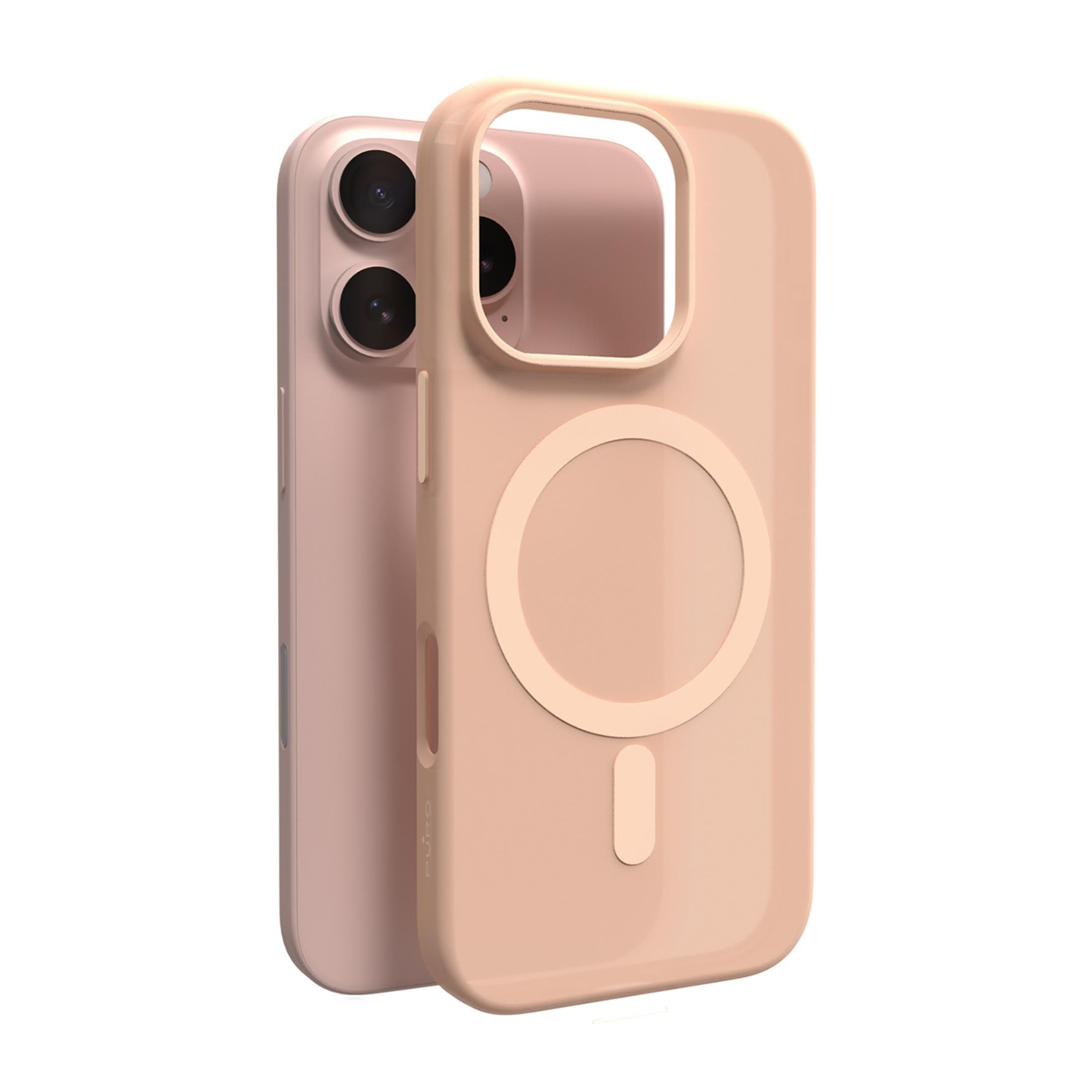 Un iPhone rosa chiaro con una custodia abbinata che copre le fotocamere.