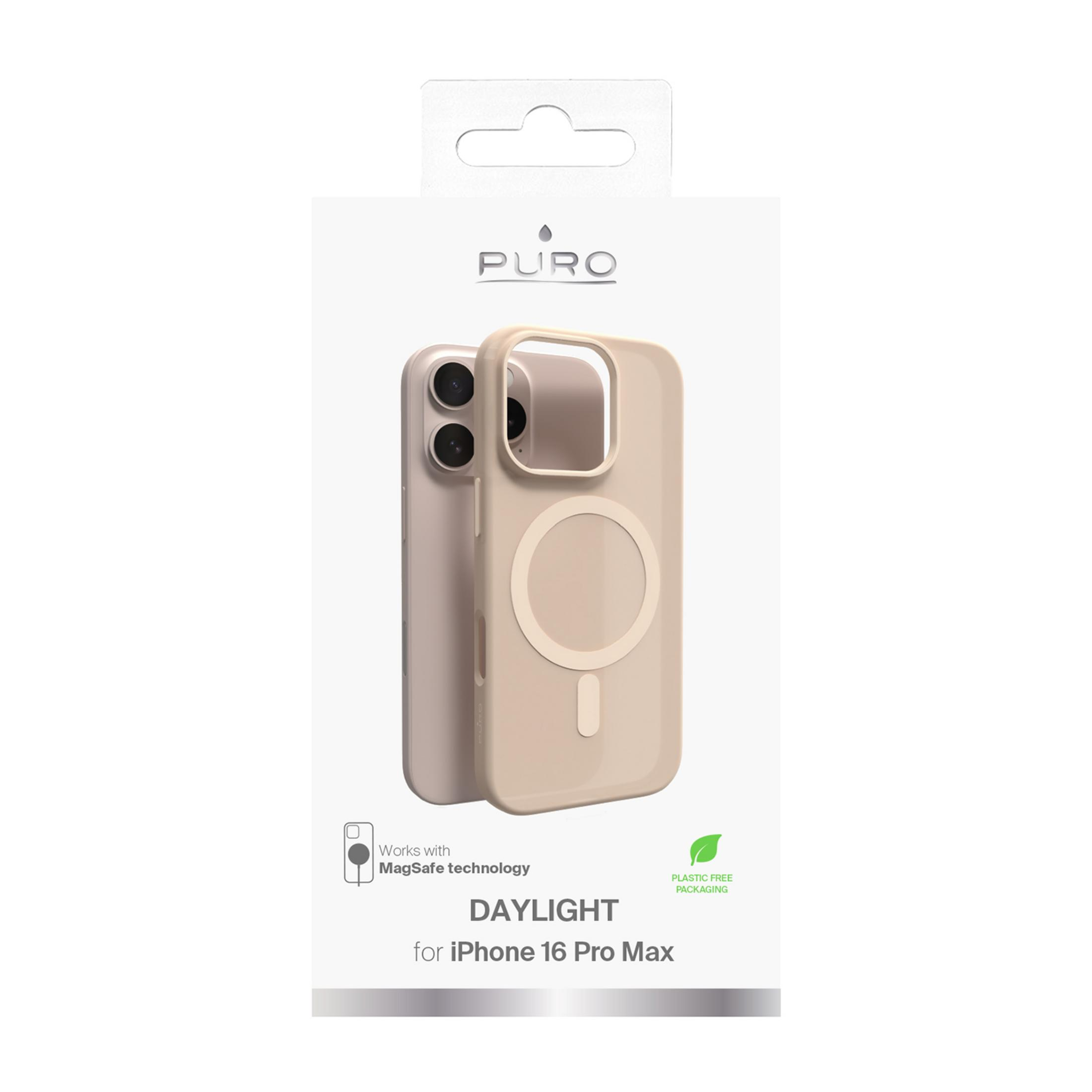 Custodia beige iPhone 16 Pro Max con MagSafe, testo "DAYLIGHT".