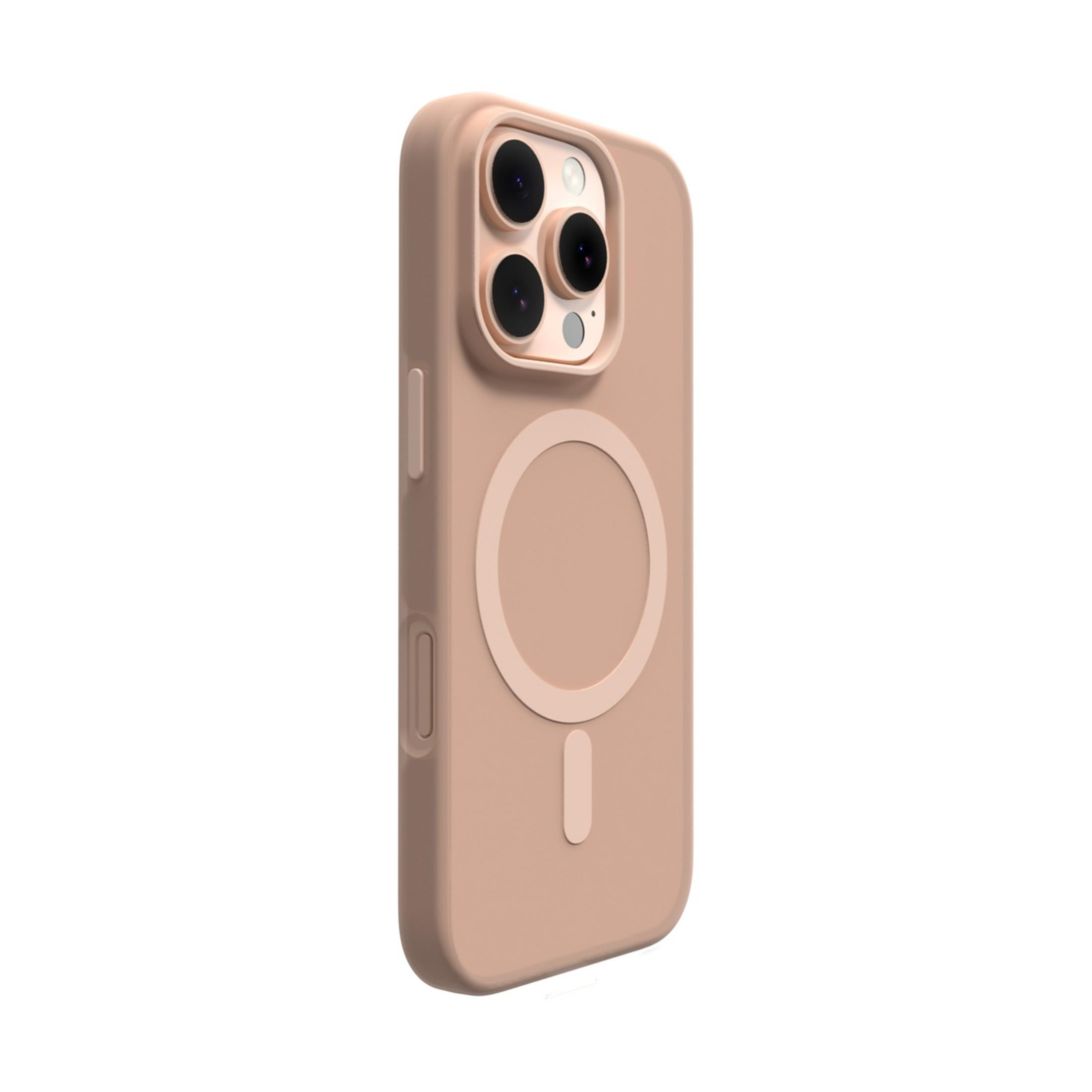 Una custodia per telefono color tortora con modulo fotocamera e anello magnetico.
