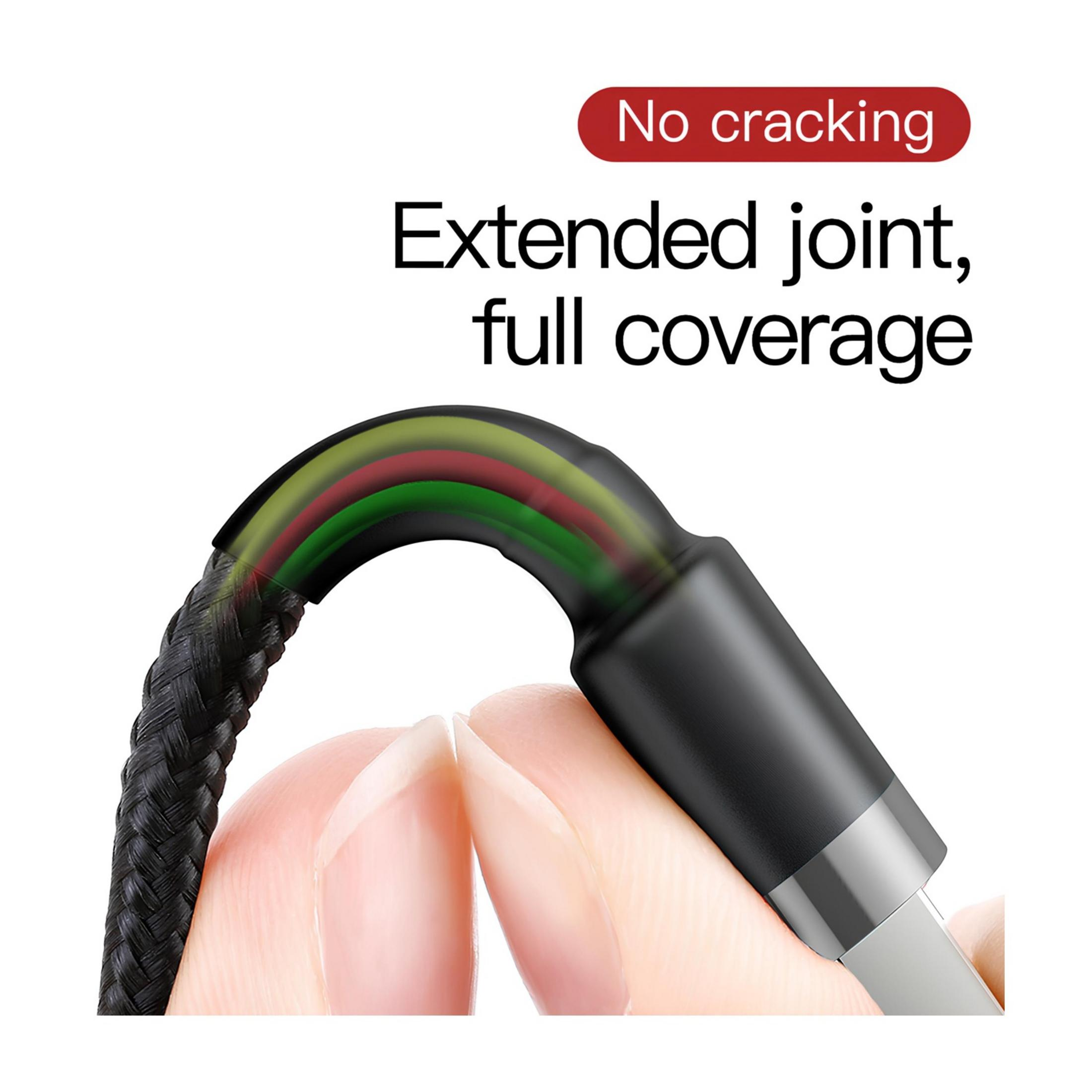 Zbliżenie kabla ładowania pokazujące czerwone, zielone i żółte wewnętrzne przewody. Tekst: Bez pęknięć.