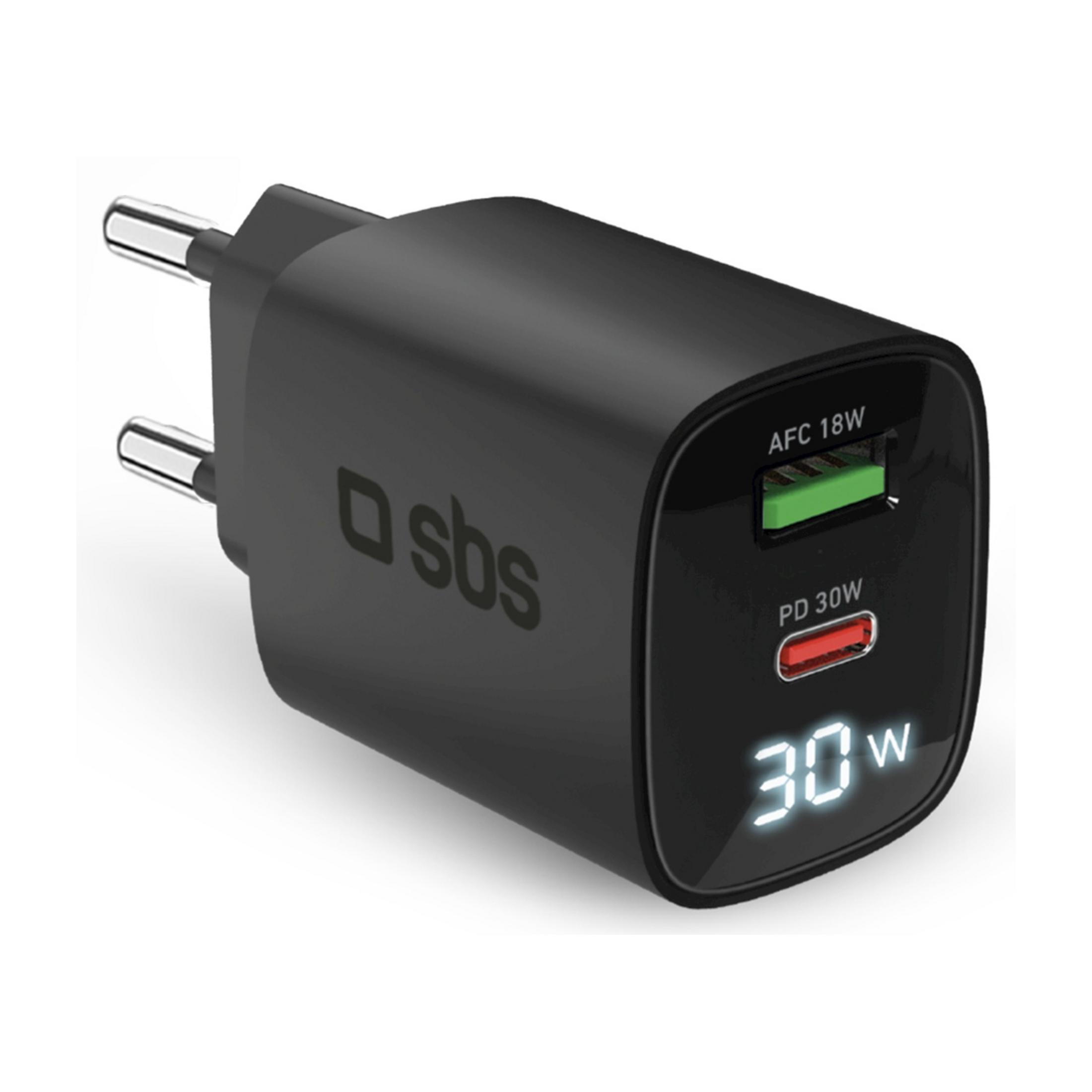 Schwarzer USB-Ladegerät mit zwei Anschlüssen und digitaler Leistungsanzeige.