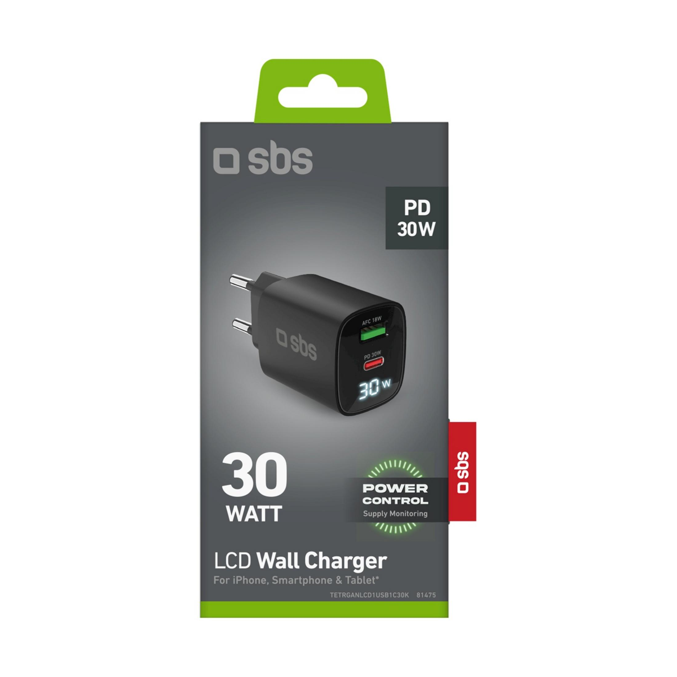 Schwarzes SBS 30W LCD Netzteil mit zwei USB-Anschlüssen auf grauem Karton.