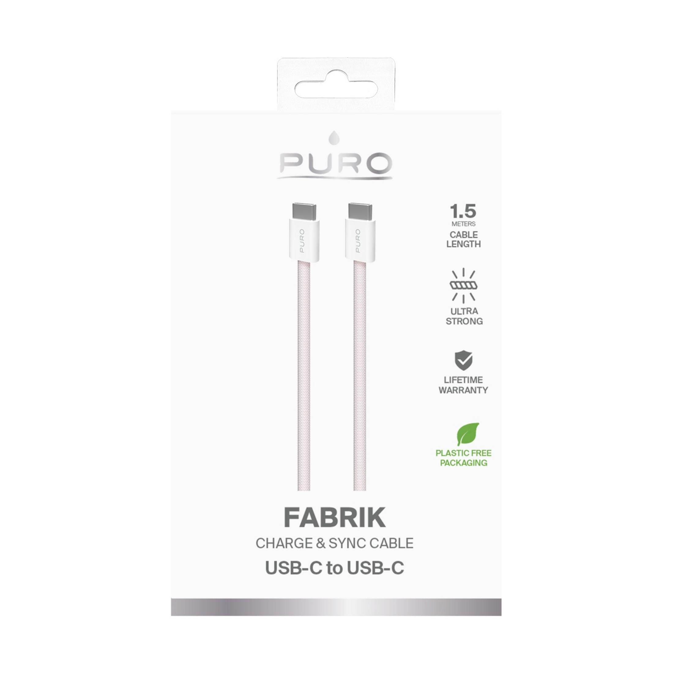 Verpackung für ein weißes USB-C-zu-USB-C-Kabel von Puro mit 1,5 m Länge.