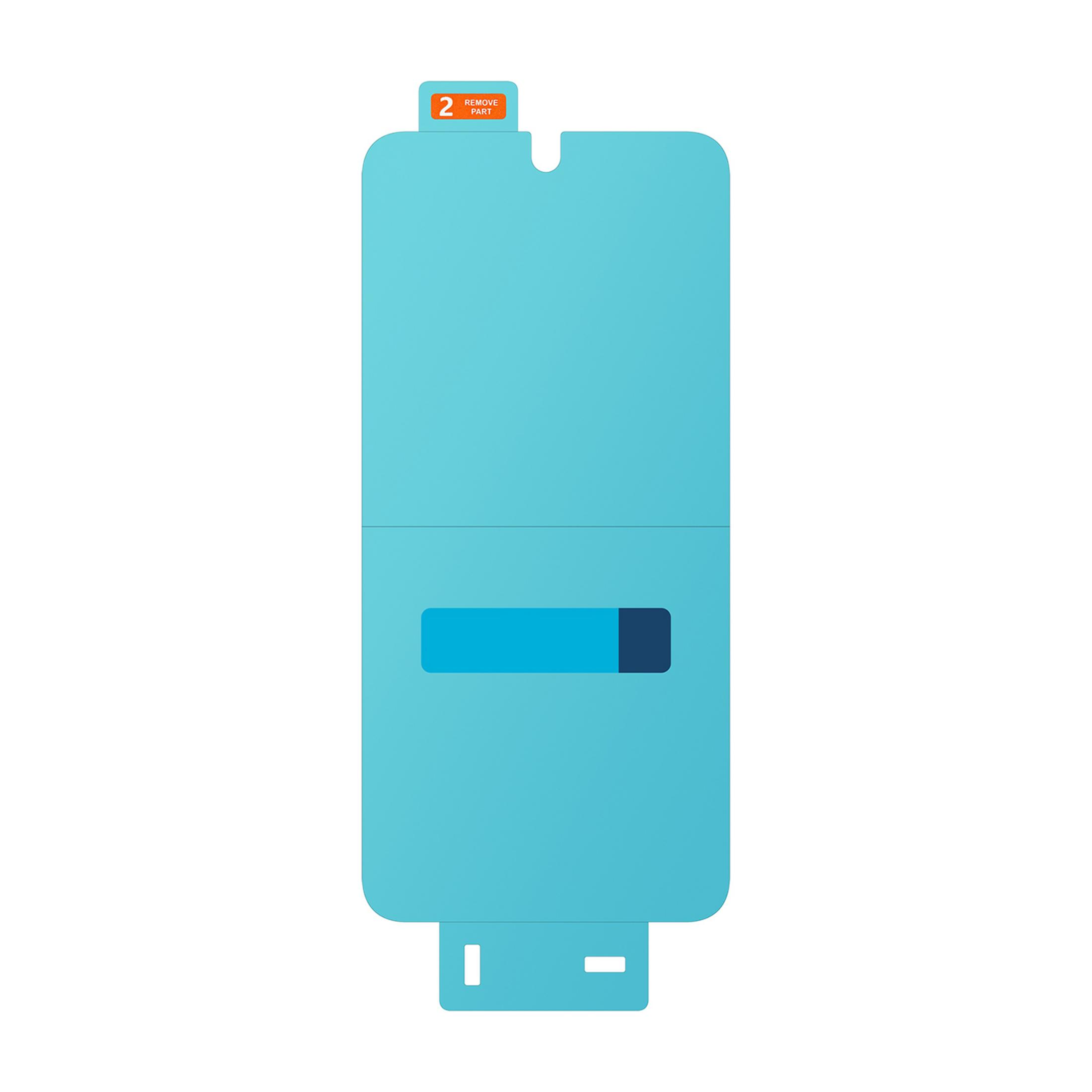 Jasnoniebieska folia ochronna z pomarańczową zakładką '2 Remove Part'.